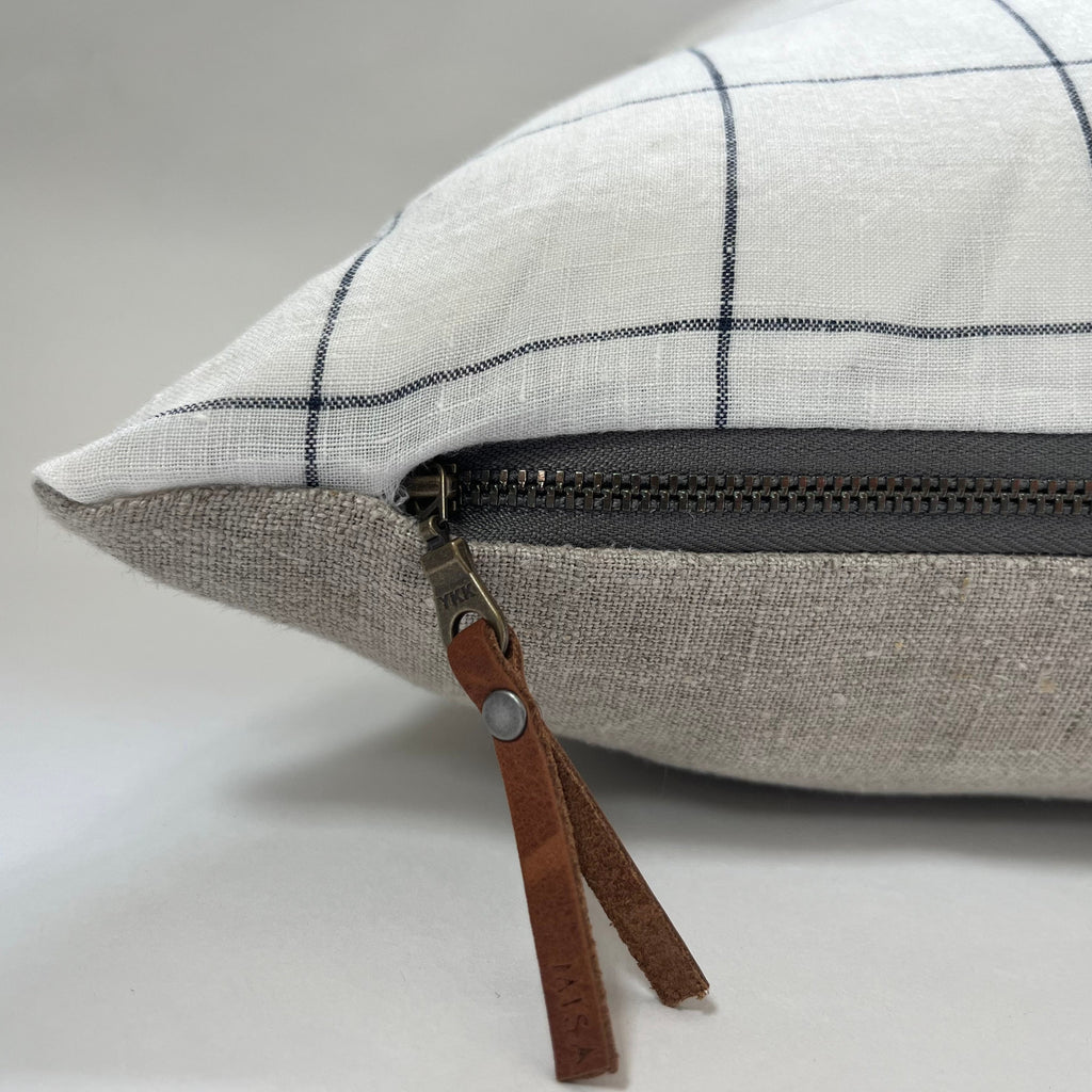 White and navy checked linen pillow cover white linen exposed zipper 18”20”22” 24” 24x24 housewarming gift 100% linen