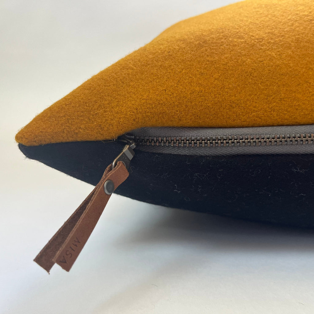 Gold wool pillow cover golden wool cushion housewarming gift exposed zipper leather pull 20"22" 24" 24x14 lumbar