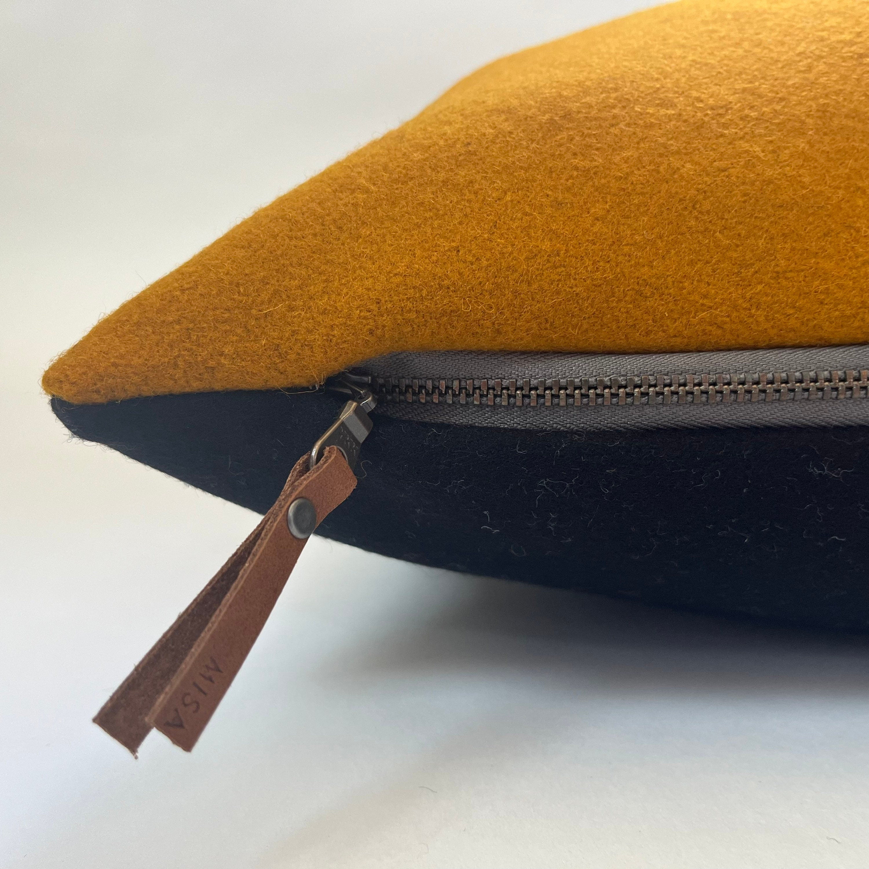 Gold wool pillow cover golden wool cushion housewarming gift exposed zipper leather pull 20"22" 24" 24x14 lumbar