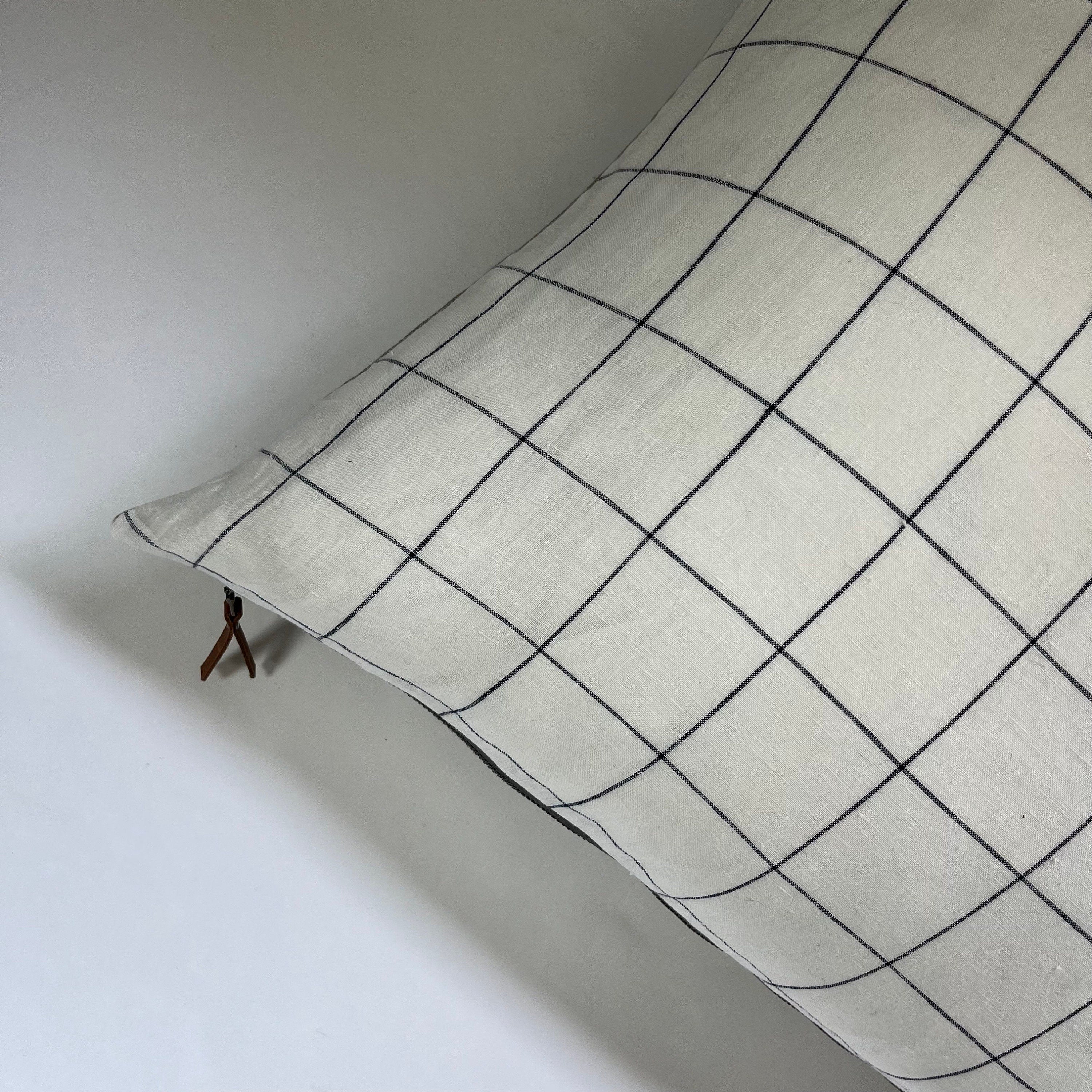 Black and white plaid linen pillow window pane exposed zipper checked pillow 24”20”22"14x24” 100% linen housewarming gift
