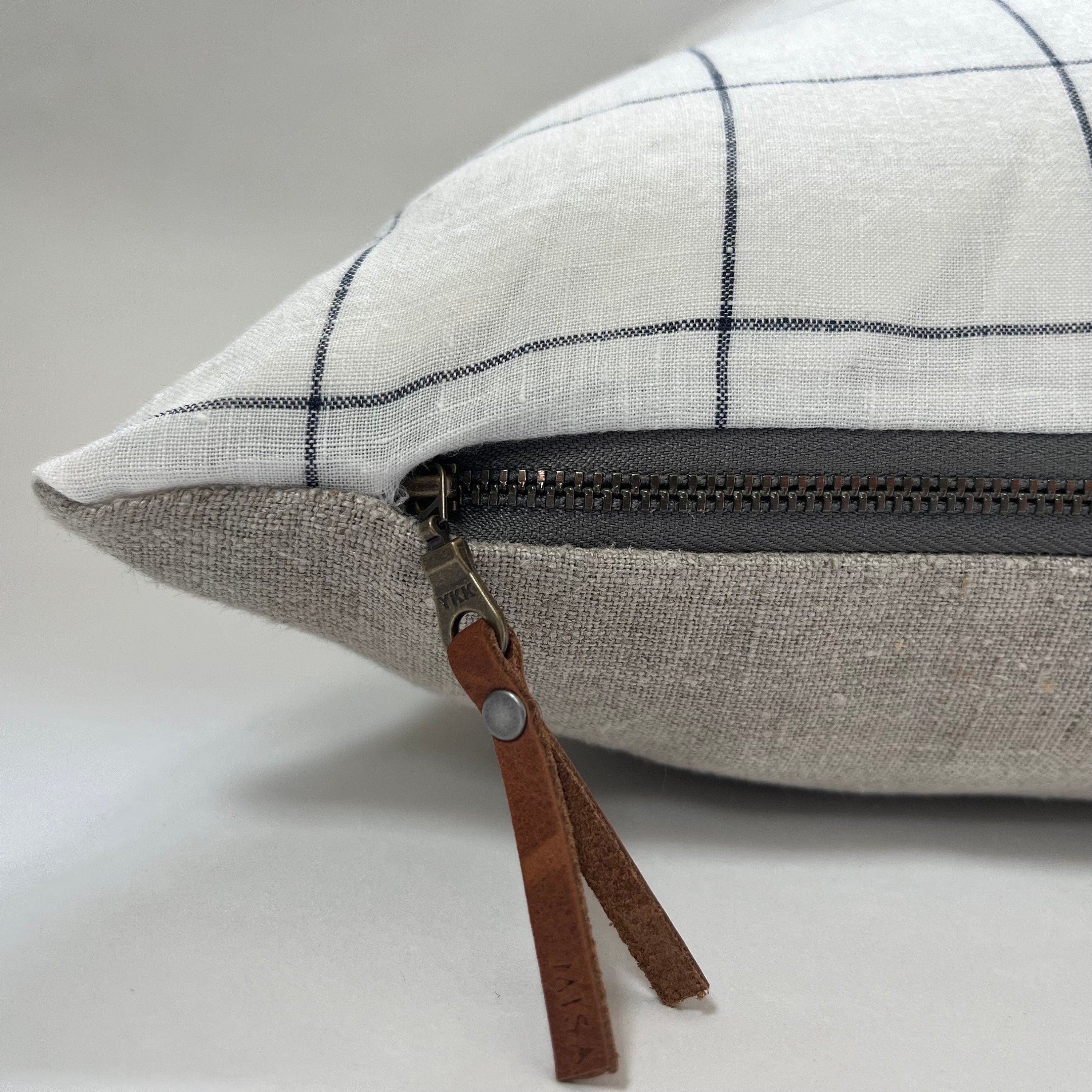 Black and white plaid linen pillow window pane exposed zipper checked pillow 24”20”22"14x24” 100% linen housewarming gift