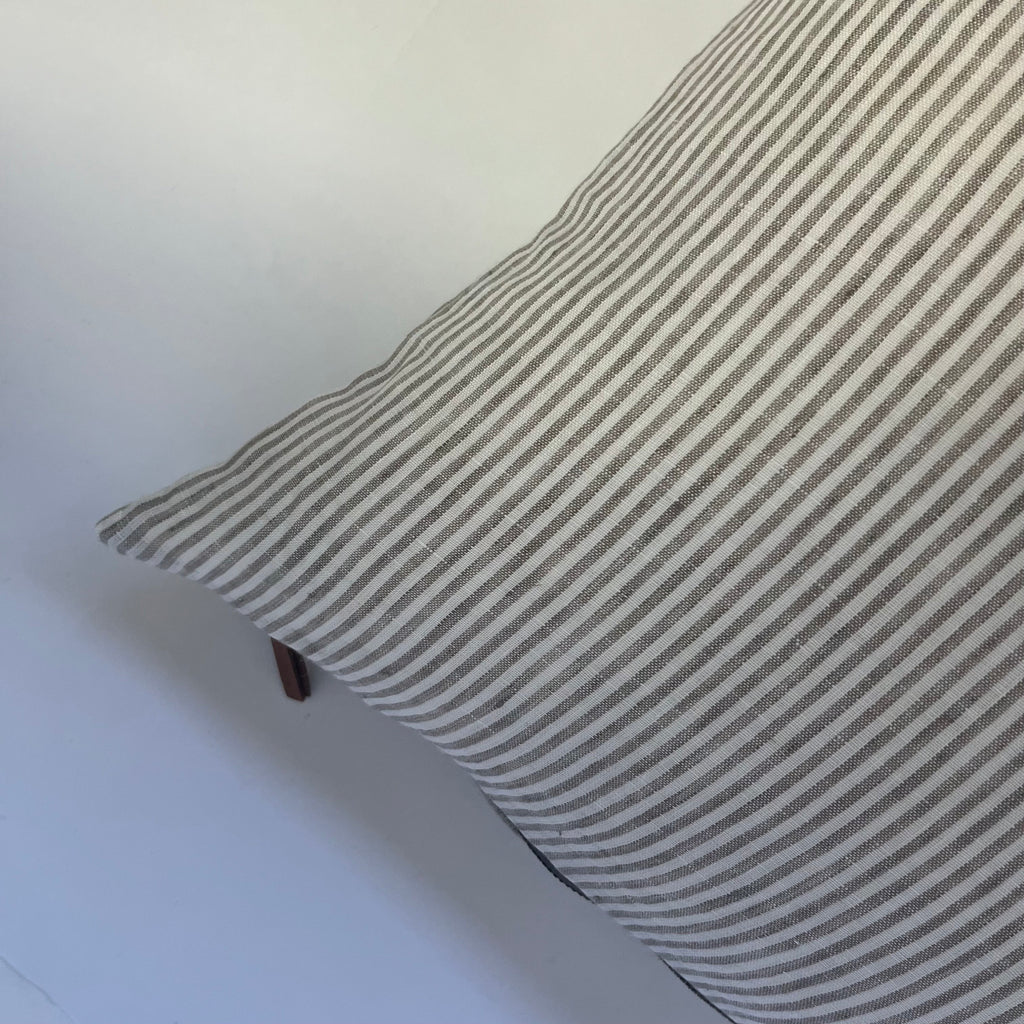 Tan and white striped linen pillow neutral pillow exposed zipper 100% linen striped pillow leather pull 24” 22" 20” 14x24” housewarming gift