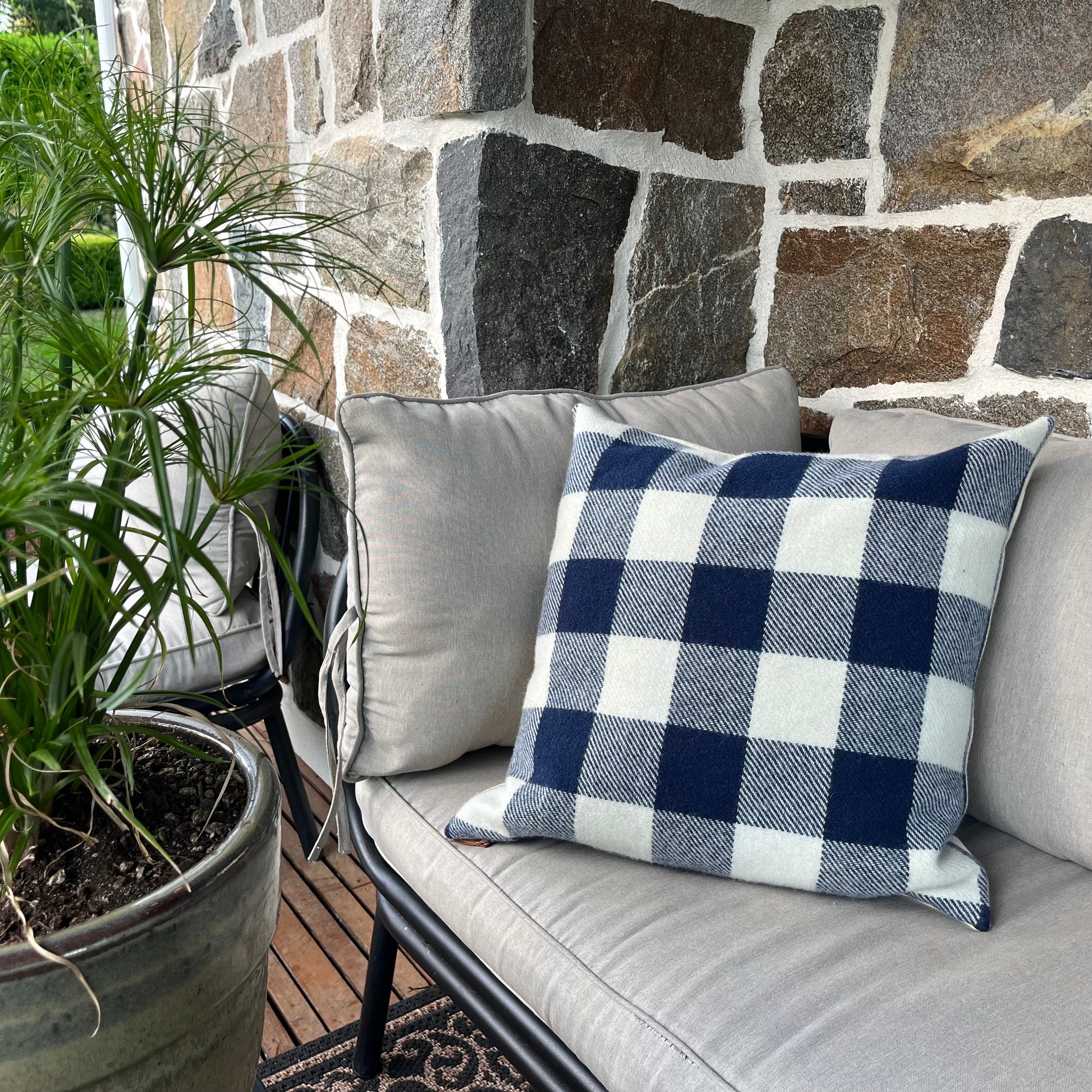 Blue and cream plaid pillow cover buffalo plaid exposed zipper-leather pull 14x24 20x20 24x24 handmade
