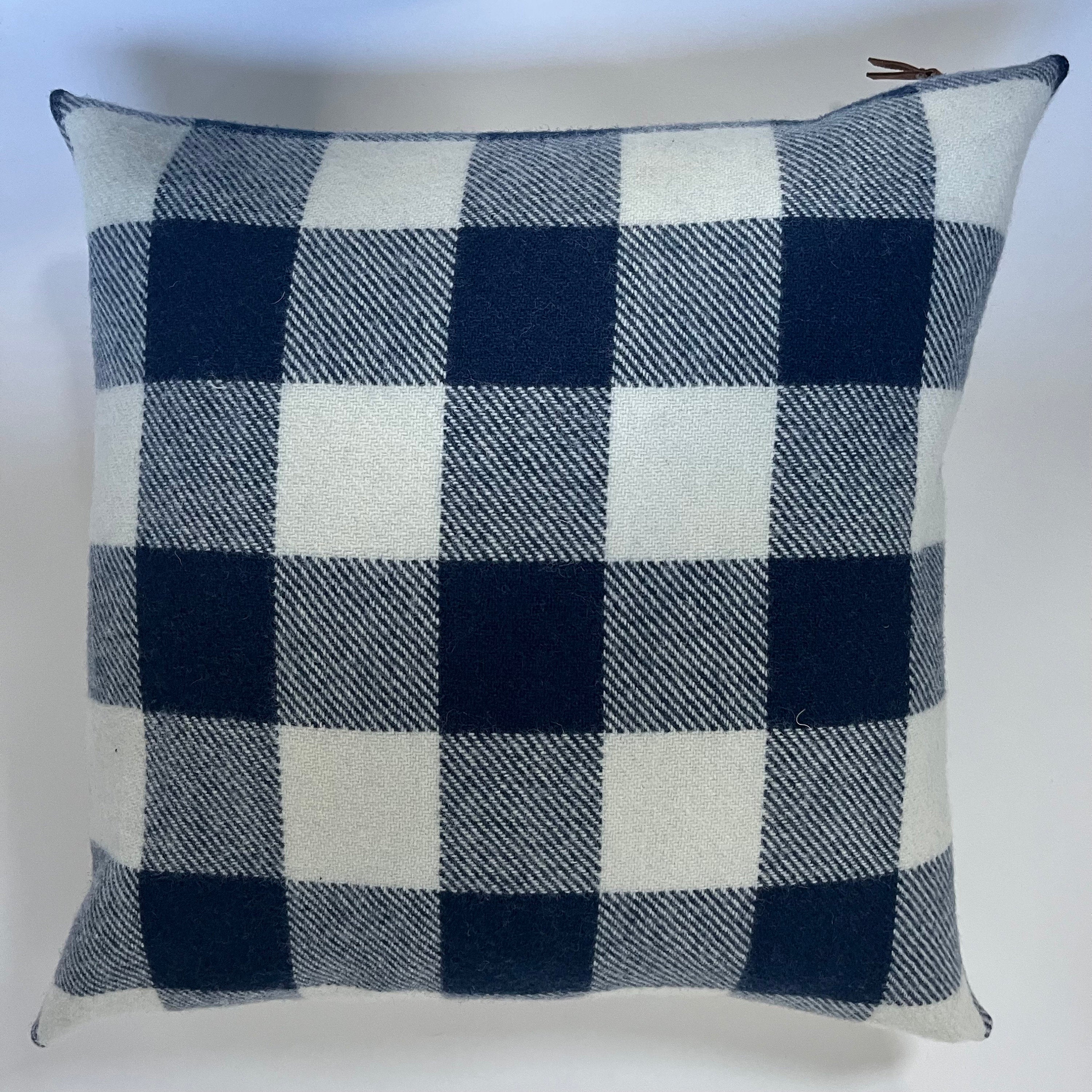 Blue and cream plaid pillow cover buffalo plaid exposed zipper-leather pull 14x24 20x20 24x24 handmade