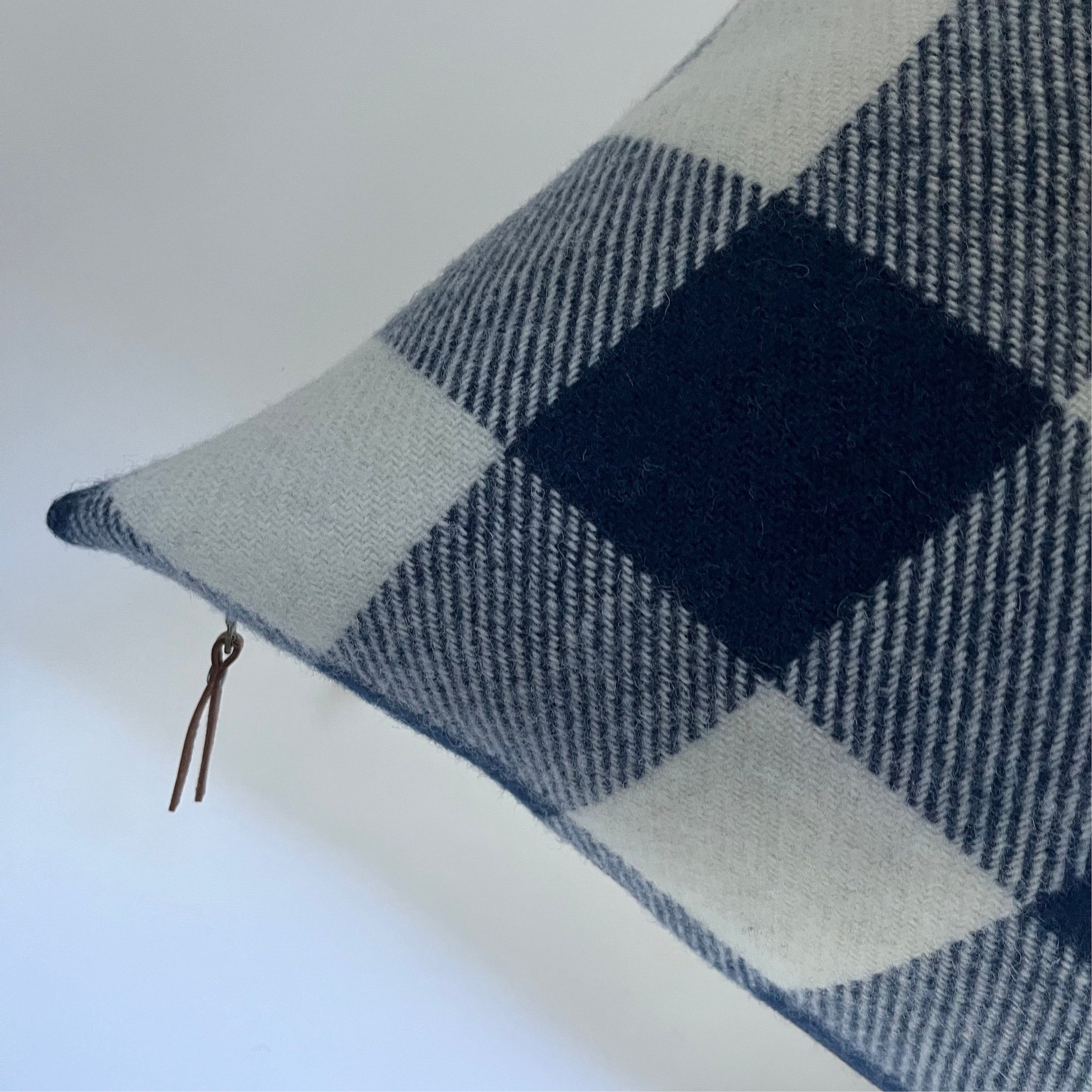 Blue and cream plaid pillow cover buffalo plaid exposed zipper-leather pull 14x24 20x20 24x24 handmade