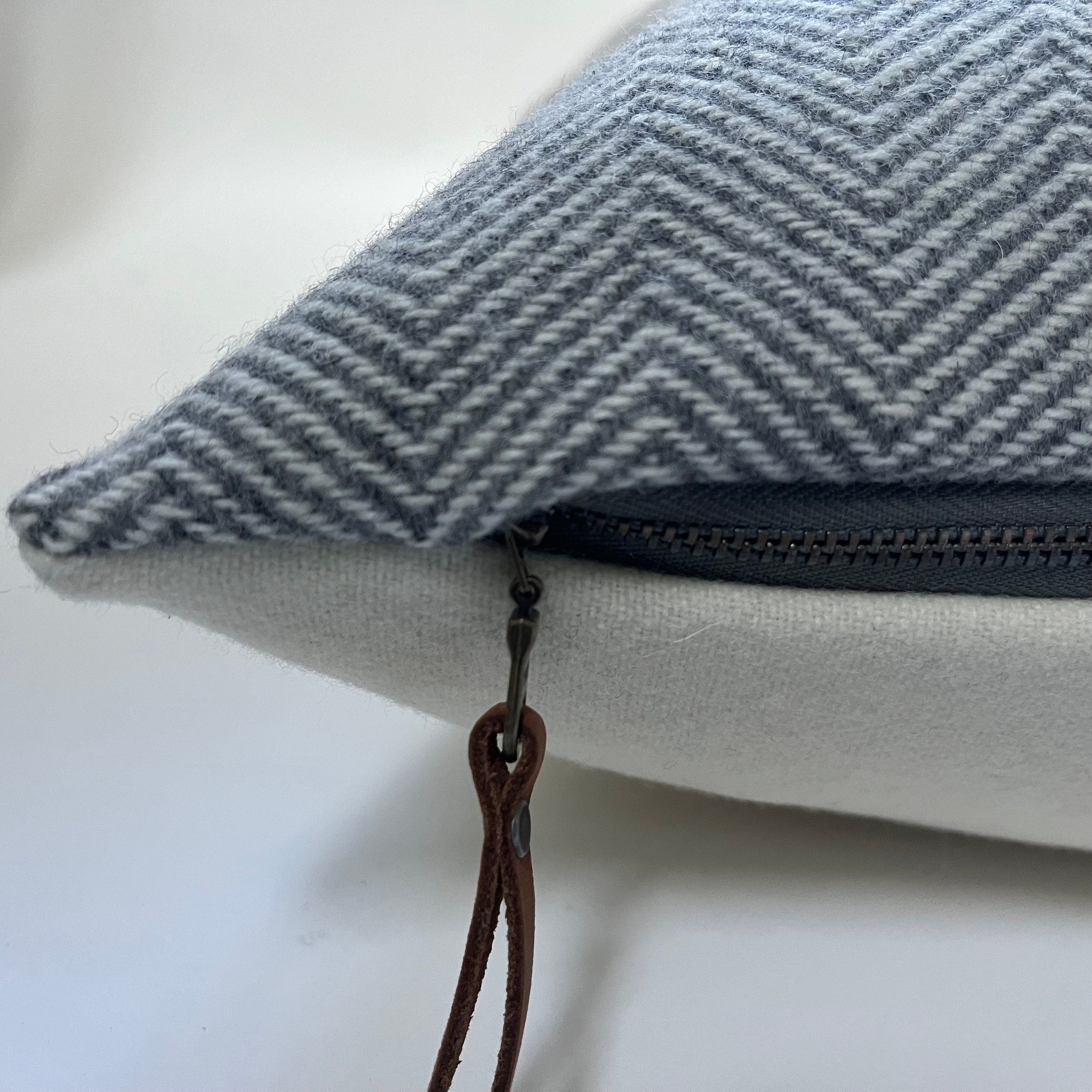 Gray and cream herringbone wool pillow cover exposed zipper-leather pull 20” 22"24”18”14x24” handmade