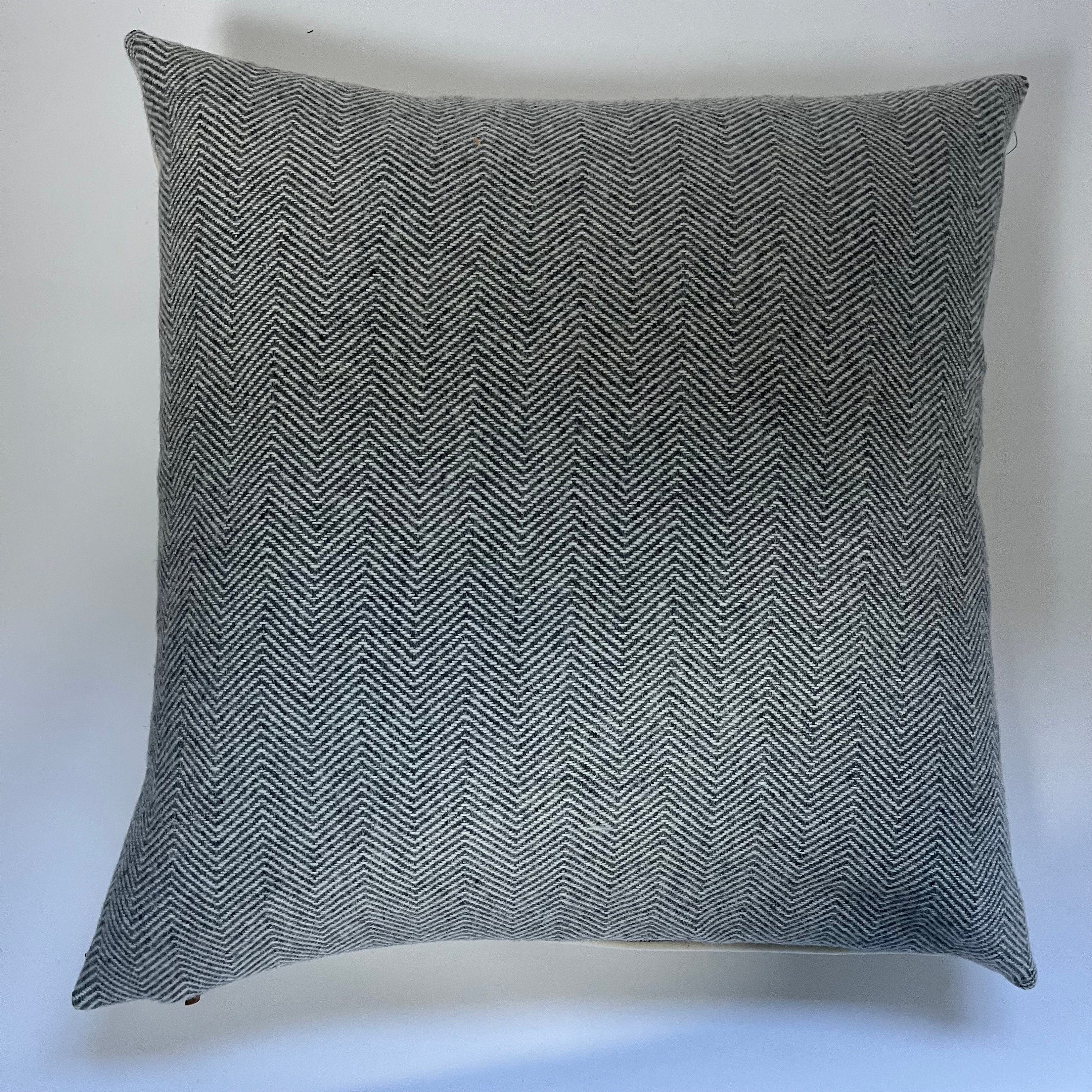 Gray and cream herringbone wool pillow cover exposed zipper-leather pull 20” 22"24”18”14x24” handmade