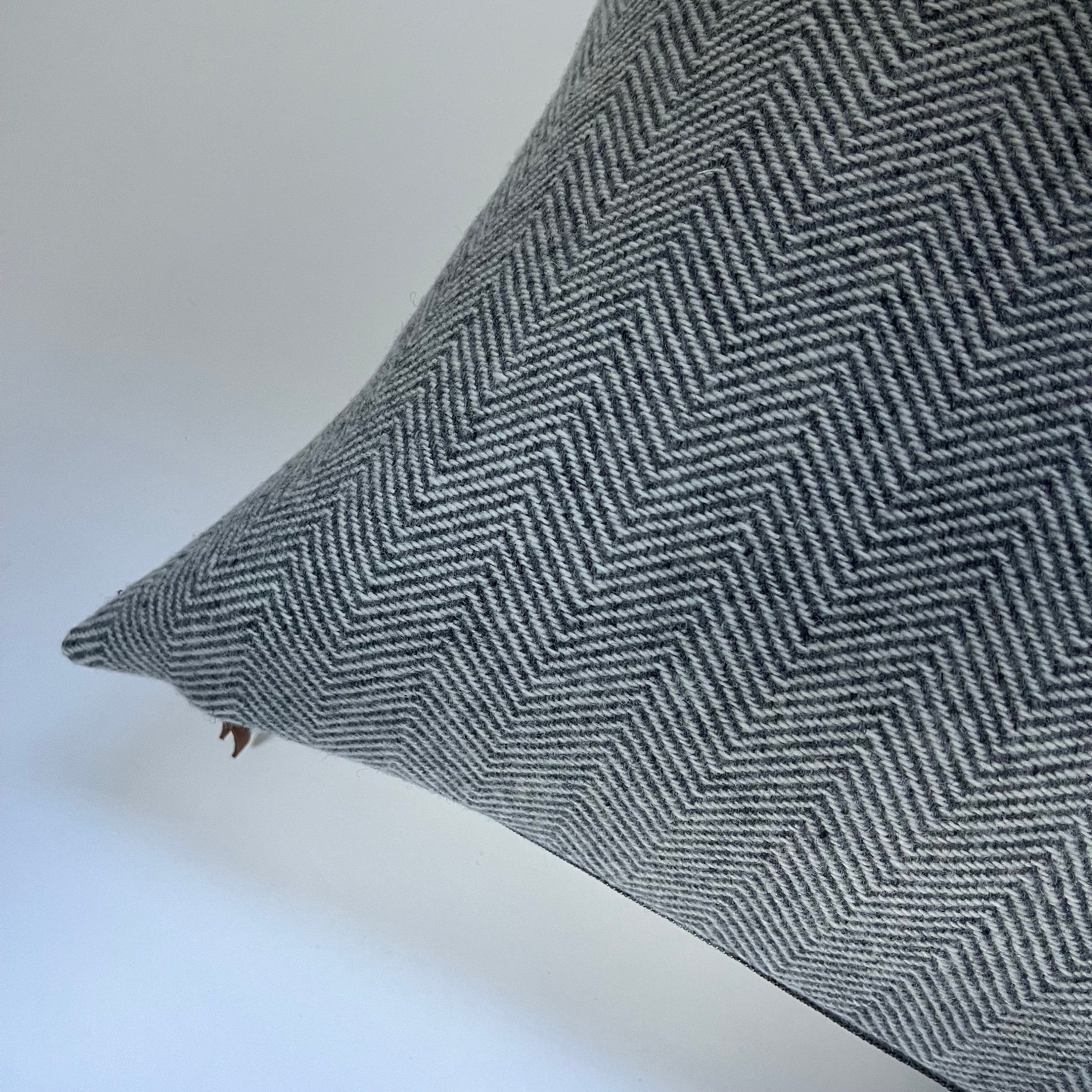 Gray and cream herringbone wool pillow cover exposed zipper-leather pull 20” 22"24”18”14x24” handmade