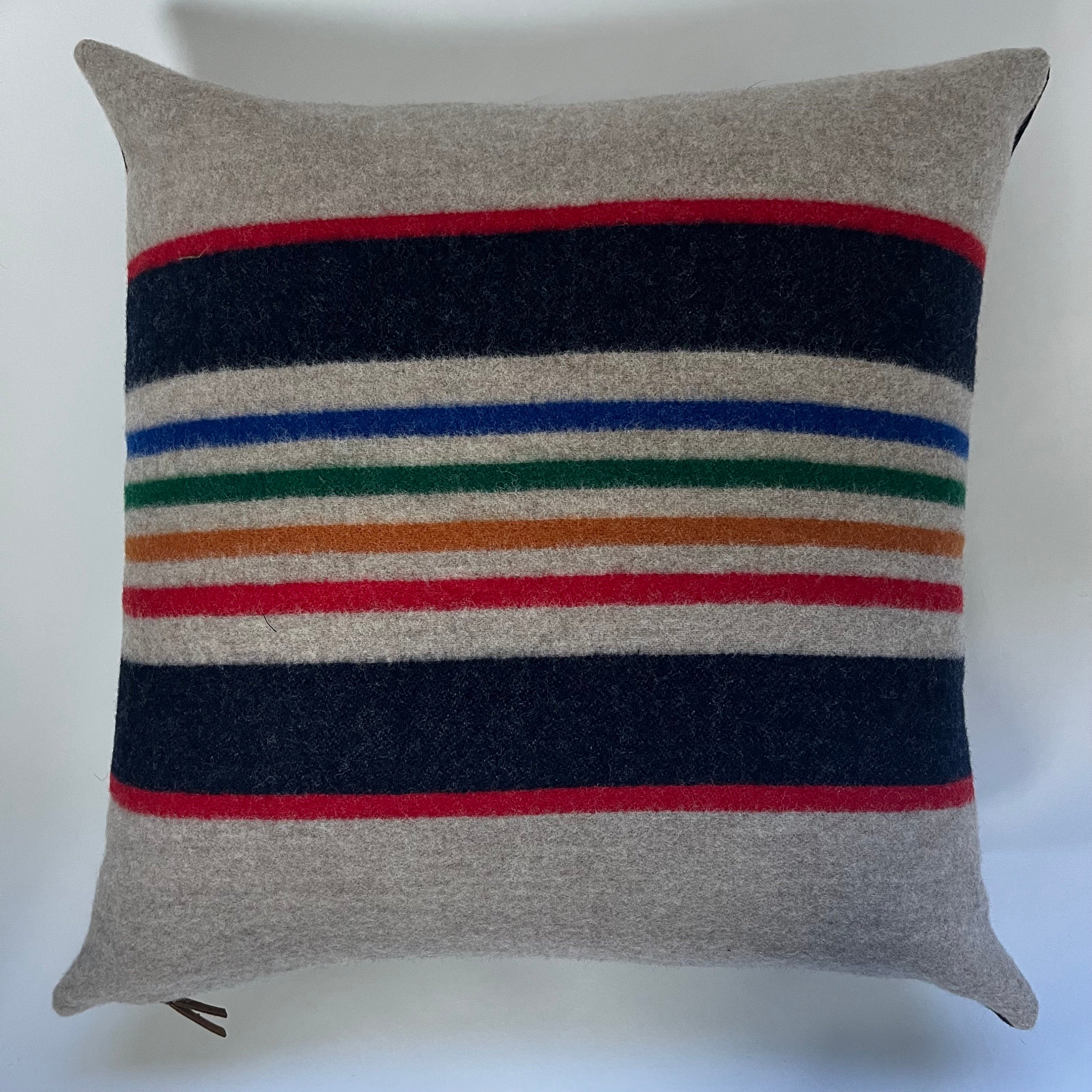 Multicolored striped wool pillow cover Yellowstone wool exposed zipper-leather pull 20x20 handmade house warming gift