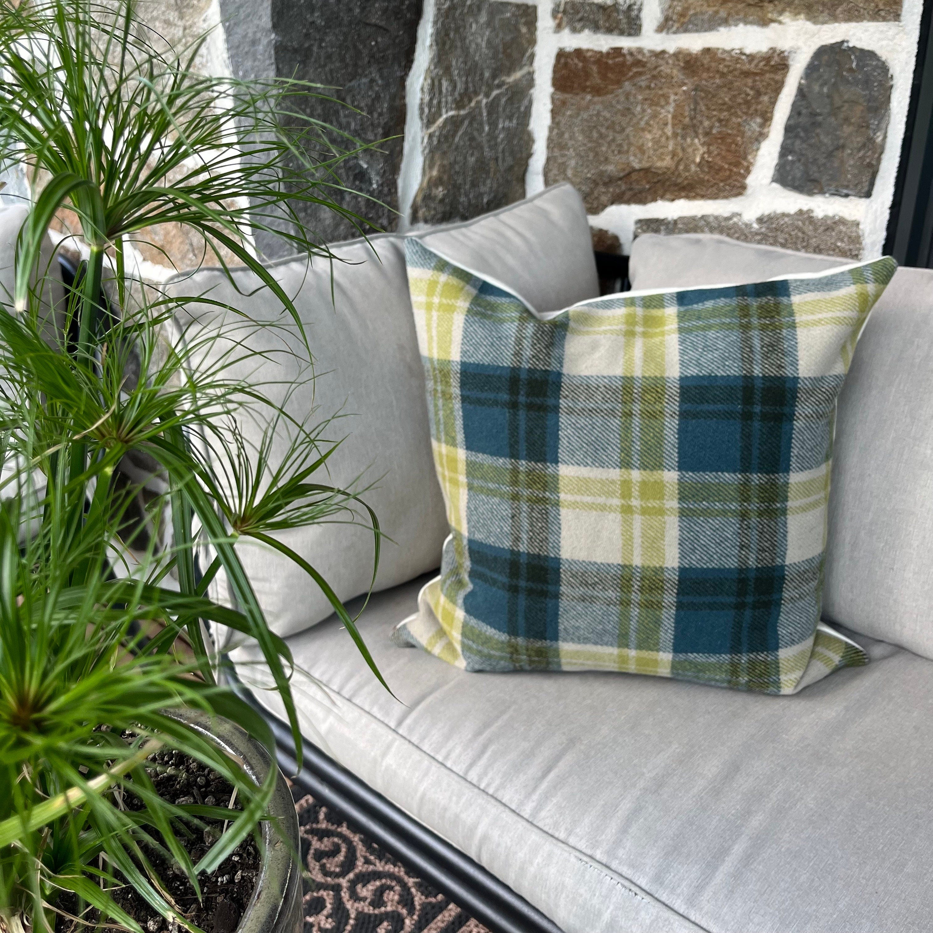 Blue plaid pillow green tan wool pillow cover exposed zipper-leather pull 24x24 20x20 14x24 handmade
