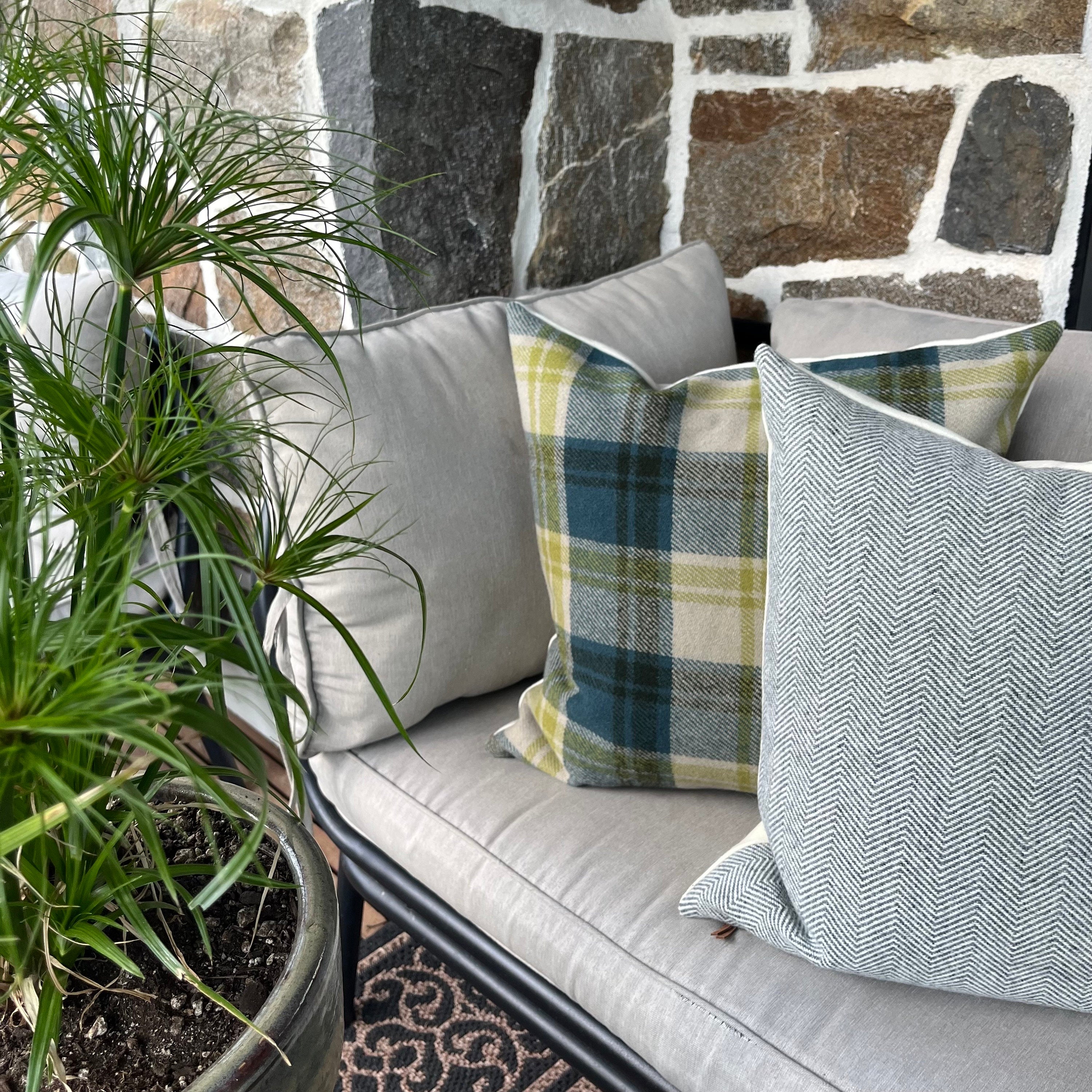 Blue plaid pillow green tan wool pillow cover exposed zipper-leather pull 24x24 20x20 14x24 handmade