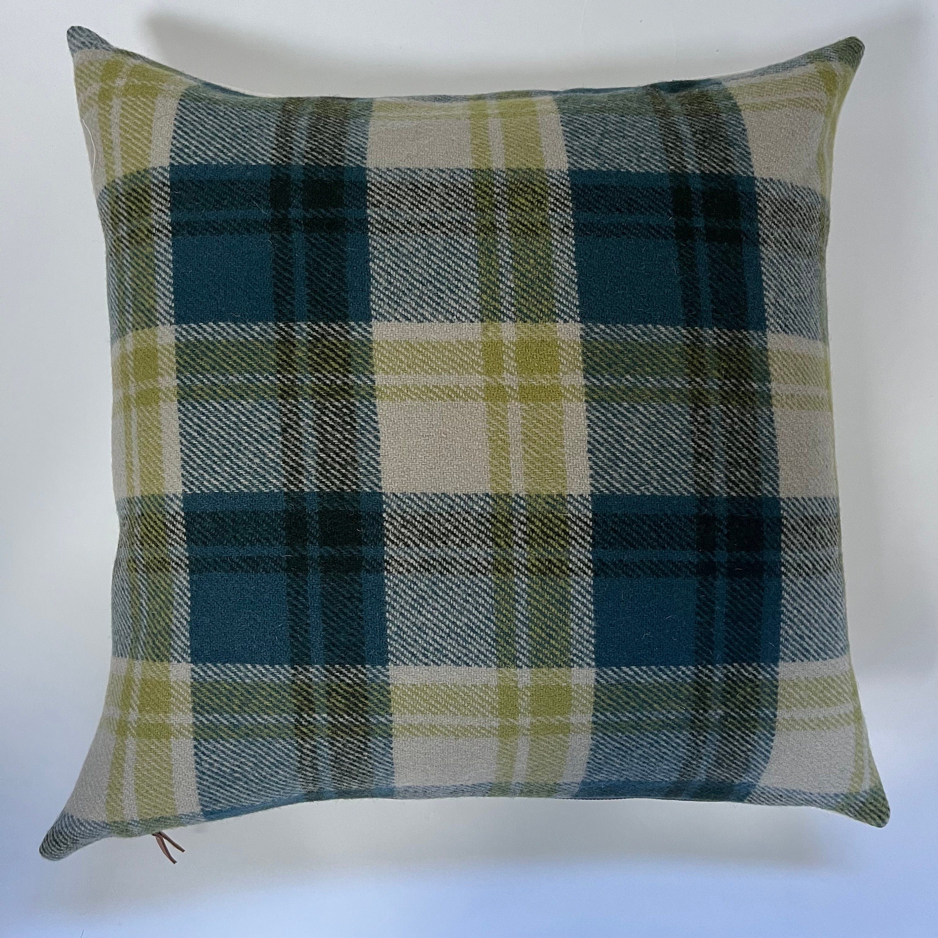 Blue plaid pillow green tan wool pillow cover exposed zipper-leather pull 24x24 20x20 14x24 handmade