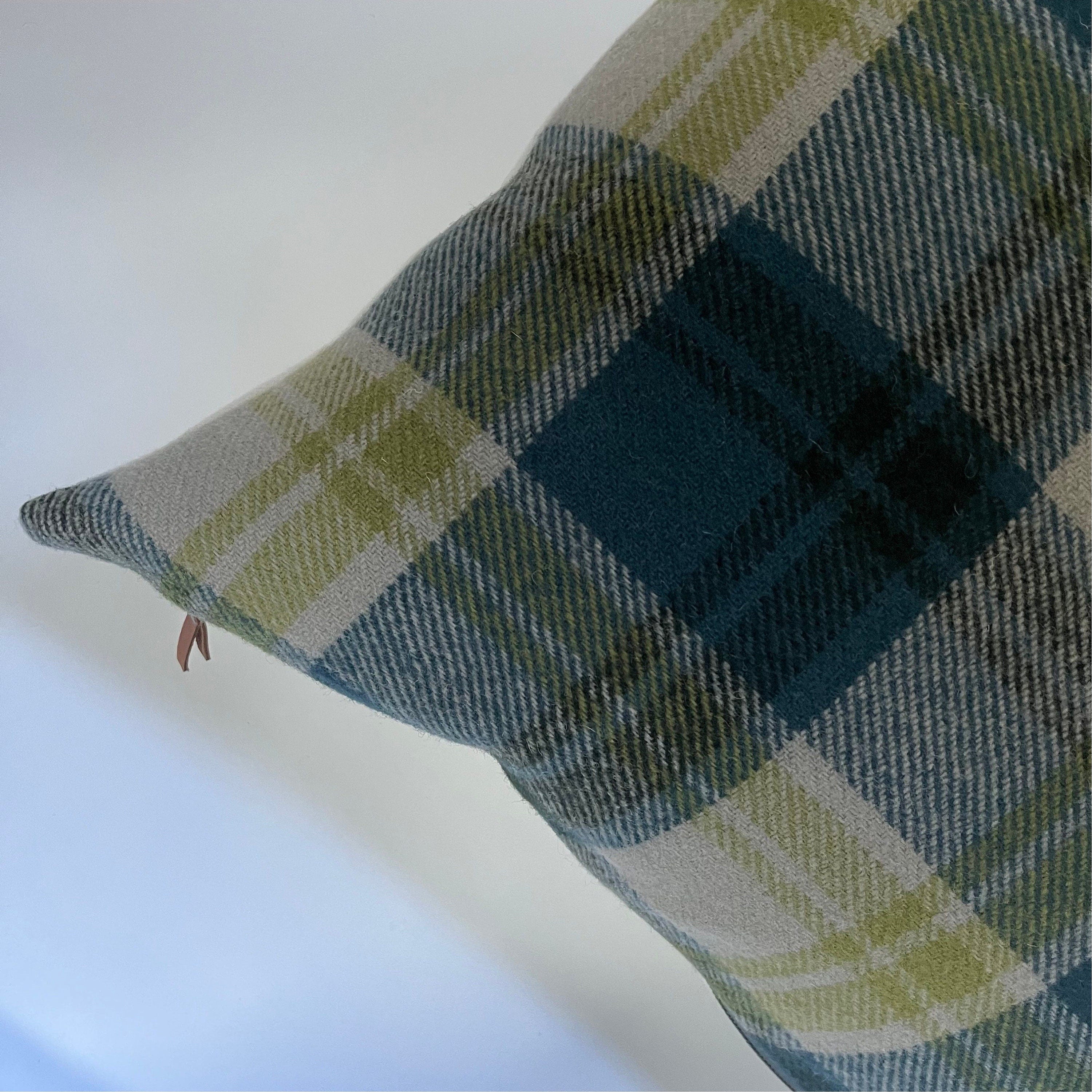 Blue plaid pillow green tan wool pillow cover exposed zipper-leather pull 24x24 20x20 14x24 handmade