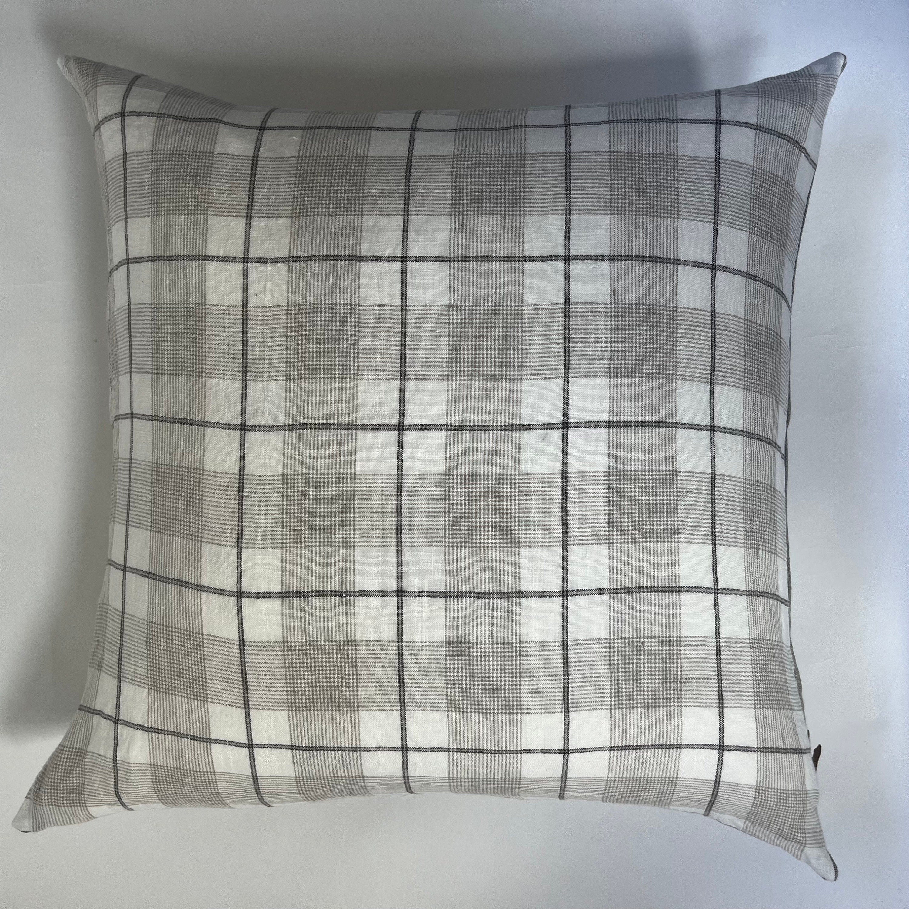 Black white and tan plaid linen pillow window pane exposed zipper checked pillow 24”20”22"14x24” 100% linen housewarming gift