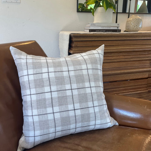 Black white and tan plaid linen pillow window pane exposed zipper checked pillow 24”20”22"14x24” 100% linen housewarming gift