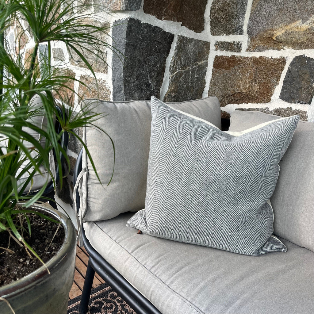Gray and cream herringbone wool pillow cover exposed zipper-leather pull 20” 22"24”18”14x24” handmade