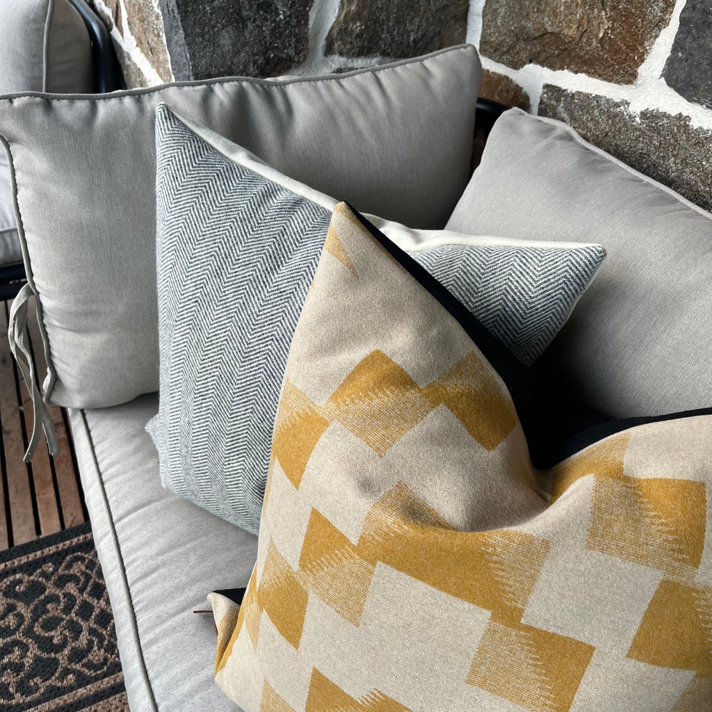 Gray and cream herringbone wool pillow cover exposed zipper-leather pull 20” 22"24”18”14x24” handmade