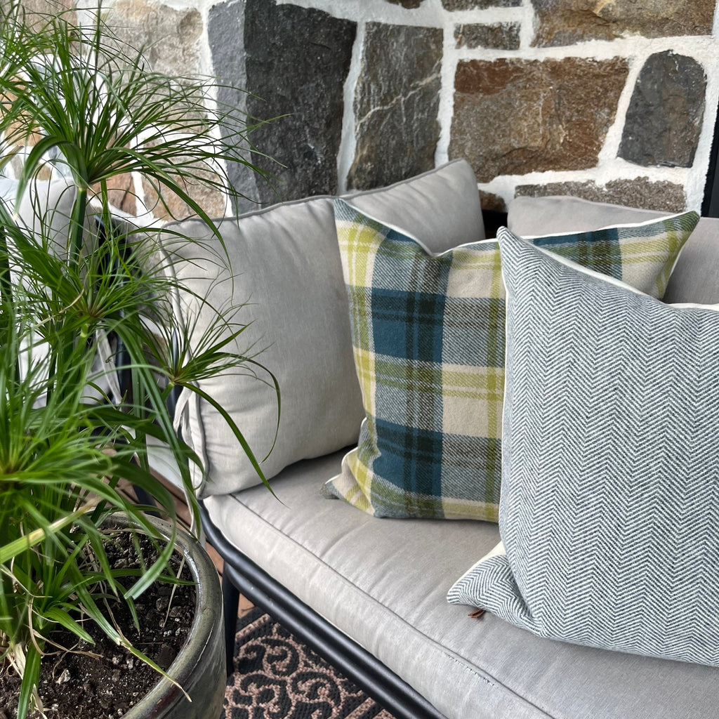 Gray and cream herringbone wool pillow cover exposed zipper-leather pull 20” 22"24”18”14x24” handmade