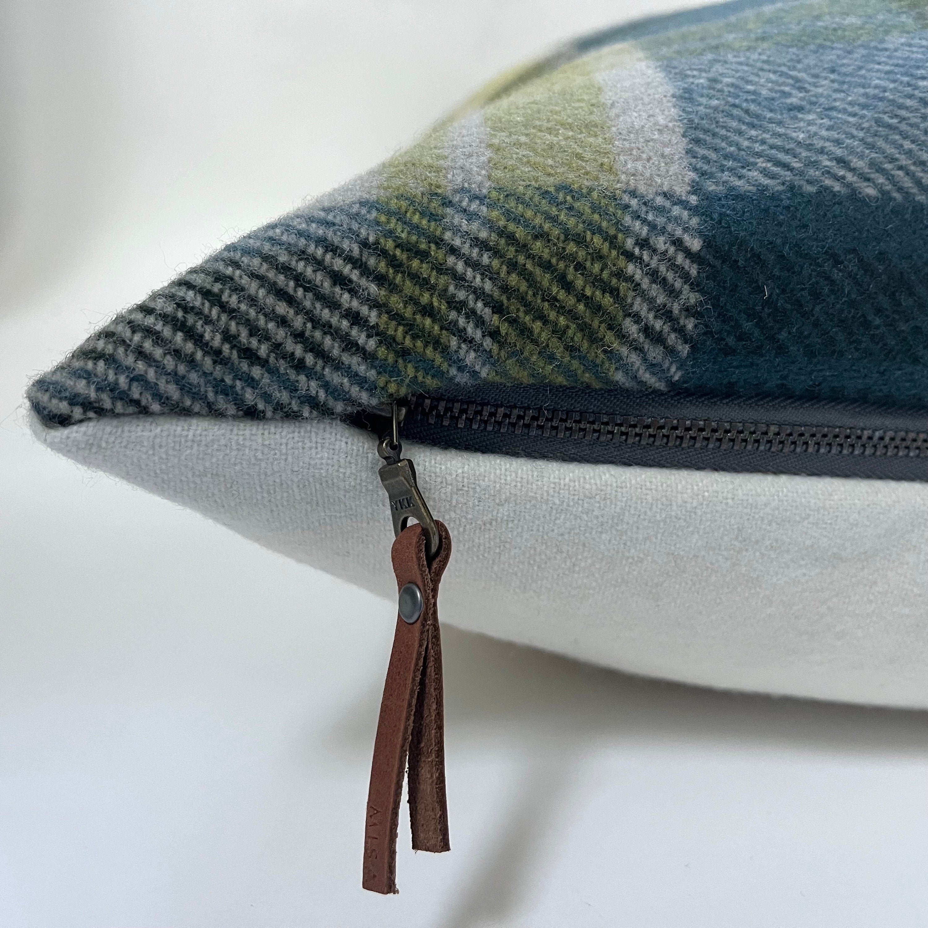 Blue plaid pillow green tan wool pillow cover exposed zipper-leather pull 24x24 20x20 14x24 handmade
