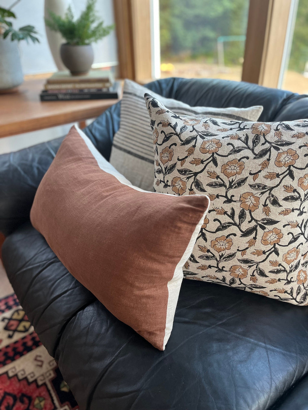 Black and tan floral linen pillow cover exposed zipper-leather pull 14x24 20”22"24” high quality floral pillow