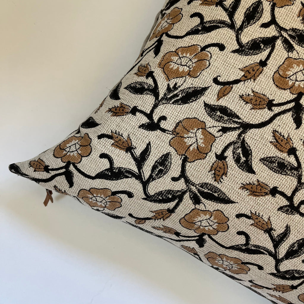 Black and tan floral linen pillow cover exposed zipper-leather pull 14x24 20”22"24” high quality floral pillow