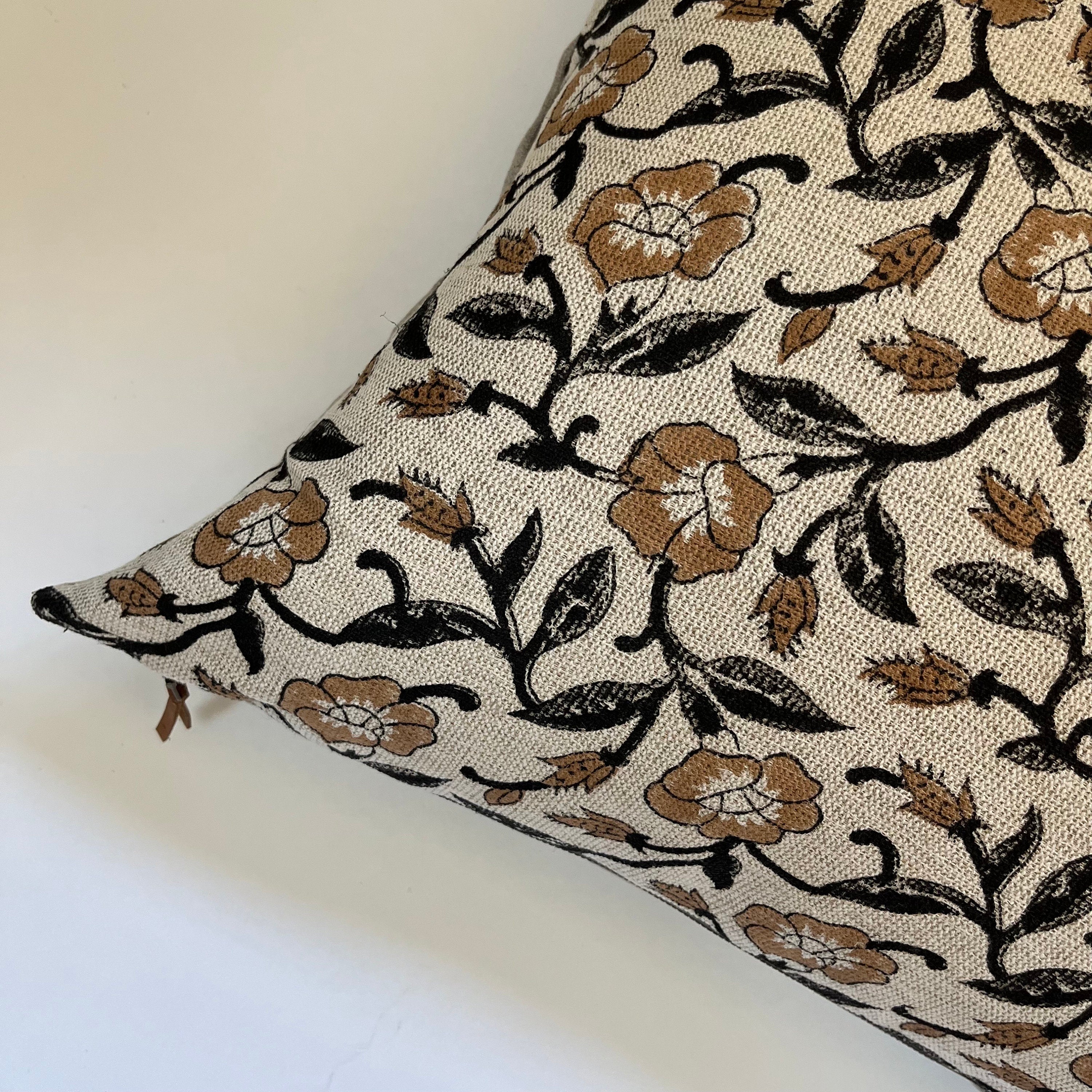 Black and tan floral linen pillow cover exposed zipper-leather pull 14x24 20”22"24” high quality floral pillow