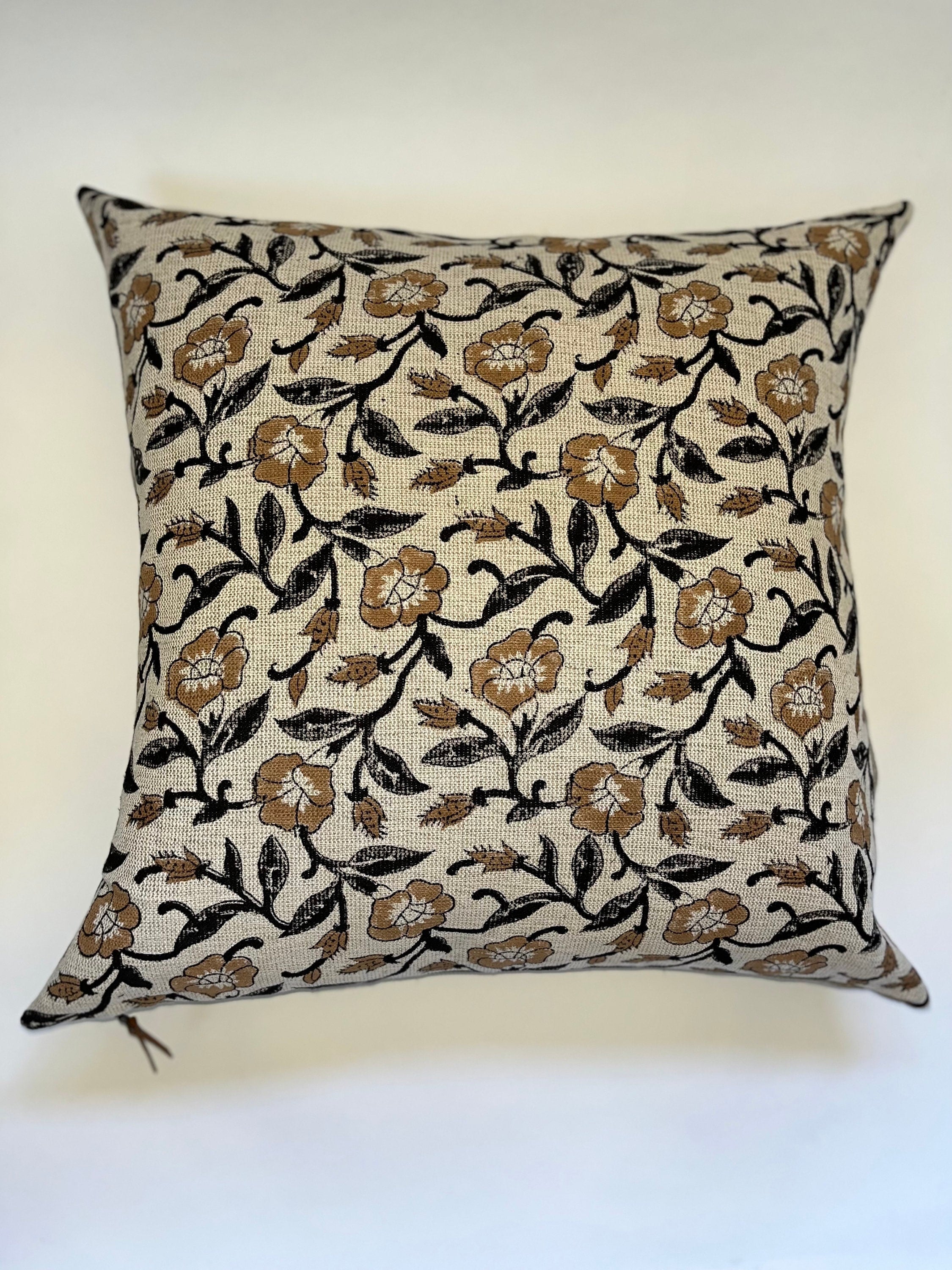 Black and tan floral linen pillow cover exposed zipper-leather pull 14x24 20”22"24” high quality floral pillow