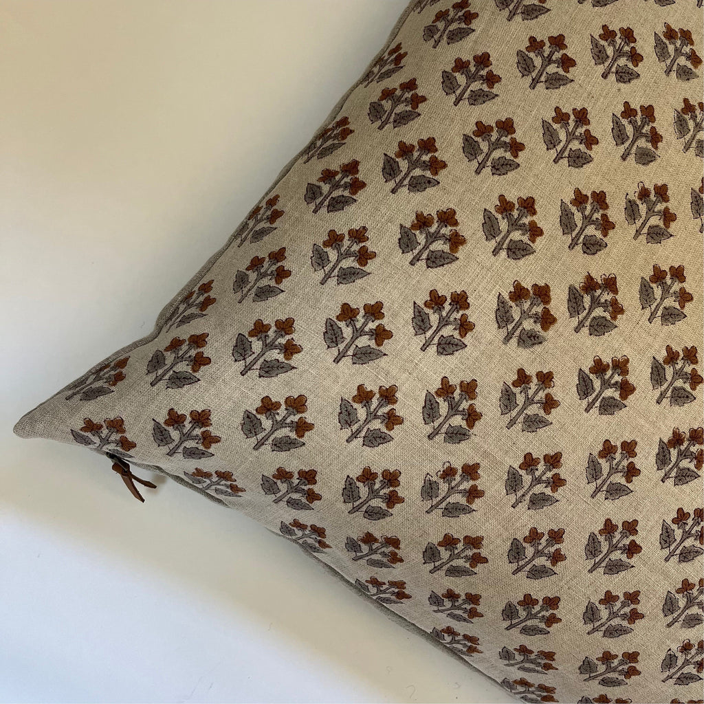 Gray and brown floral linen pillow cover exposed zipper-leather pull 14x24 20”22"24” high quality floral pillow