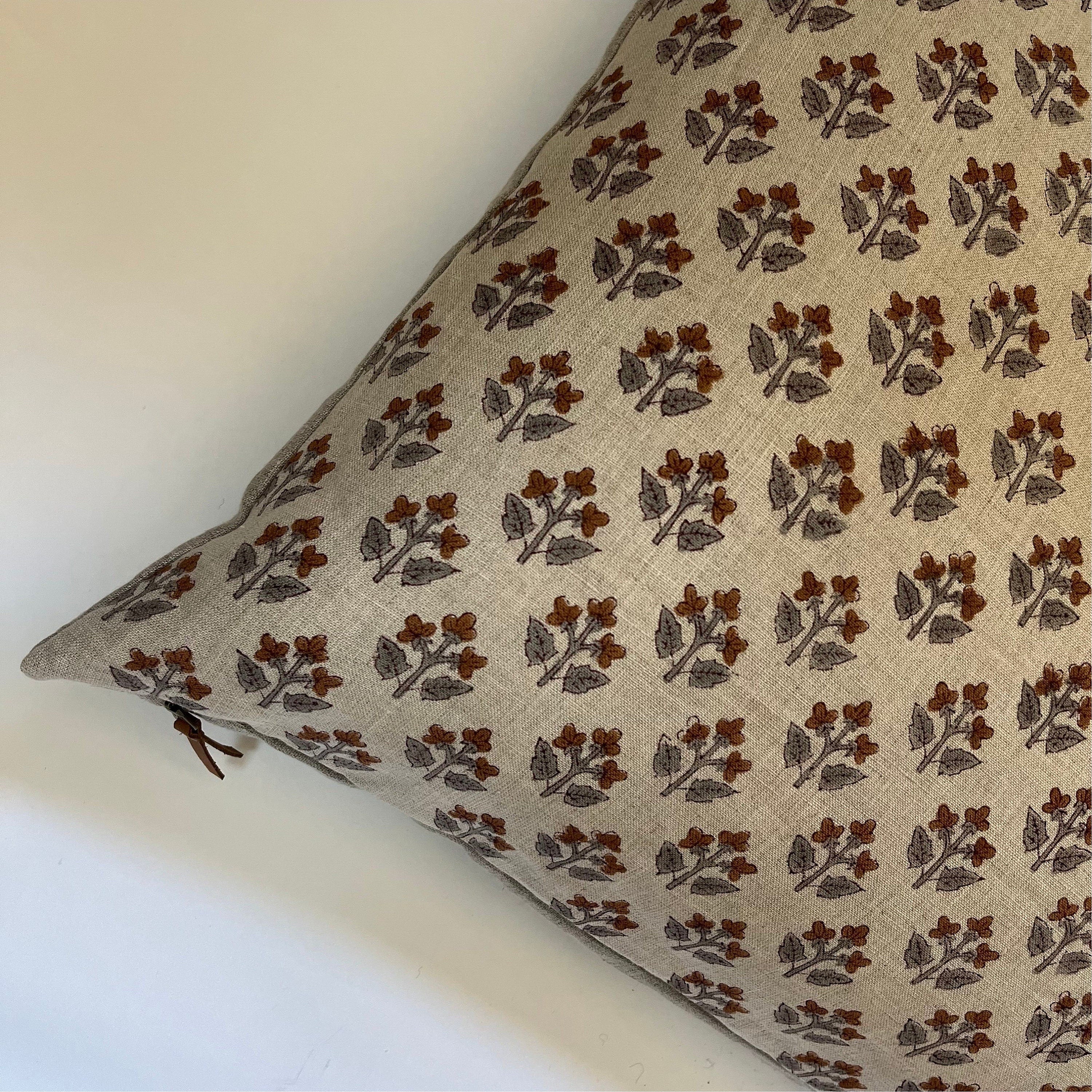 Gray and brown floral linen pillow cover exposed zipper-leather pull 14x24 20”22"24” high quality floral pillow