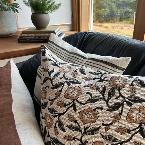 Black and tan floral linen pillow cover exposed zipper-leather pull 14x24 20”22"24” high quality floral pillow