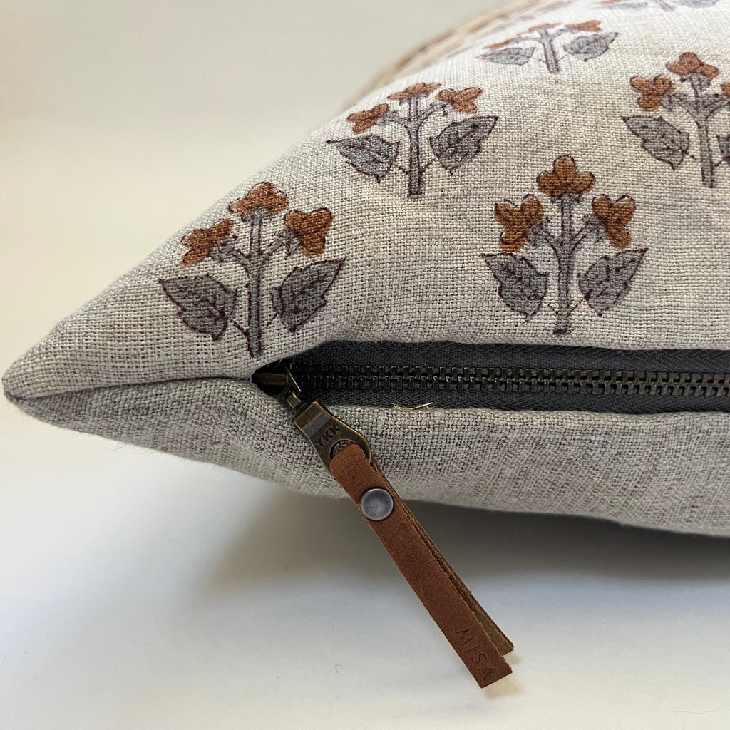 Gray and brown floral linen pillow cover exposed zipper-leather pull 14x24 20”22"24” high quality floral pillow