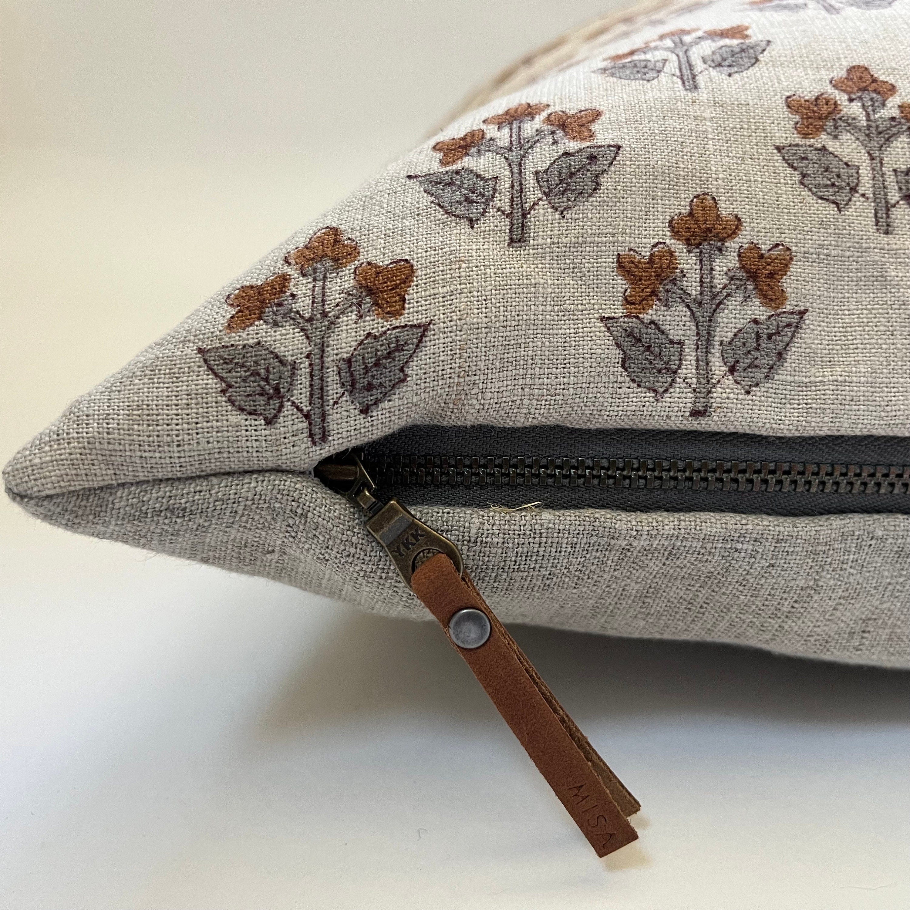 Gray and brown floral linen pillow cover exposed zipper-leather pull 14x24 20”22"24” high quality floral pillow