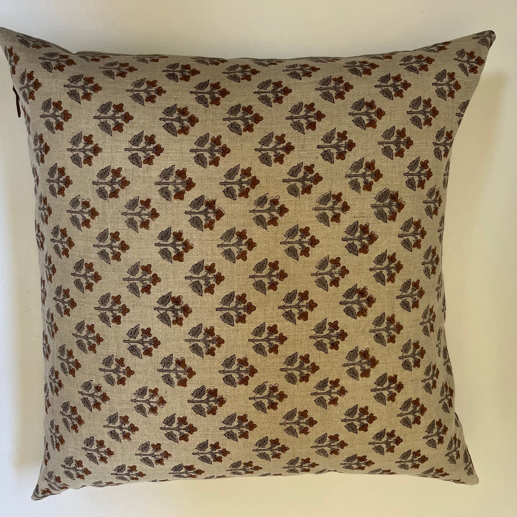 Gray and brown floral linen pillow cover exposed zipper-leather pull 14x24 20”22"24” high quality floral pillow