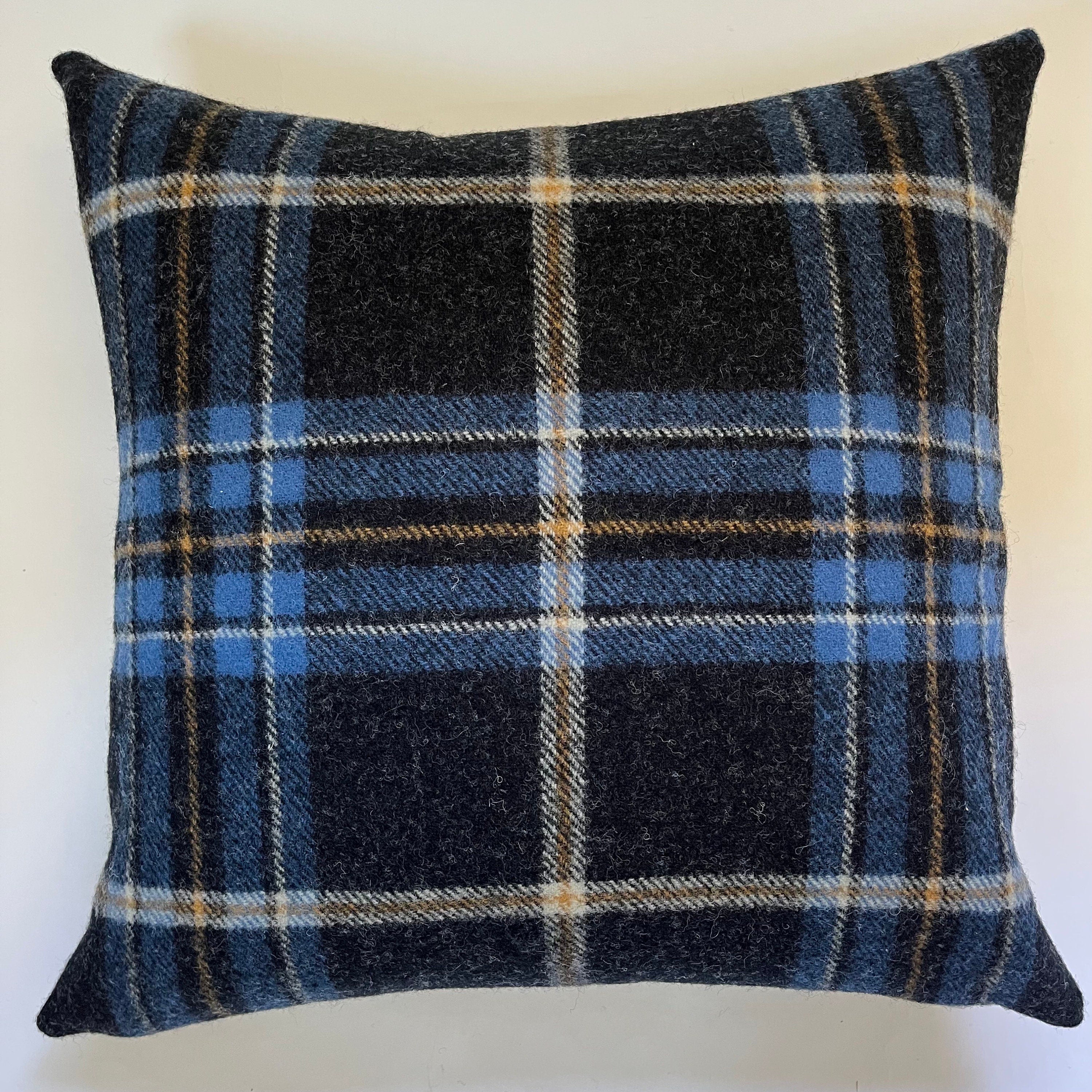Black blue gold plaid wool pillow cover exposed zipper-leather pull 24"20"22" 14x24 handmade