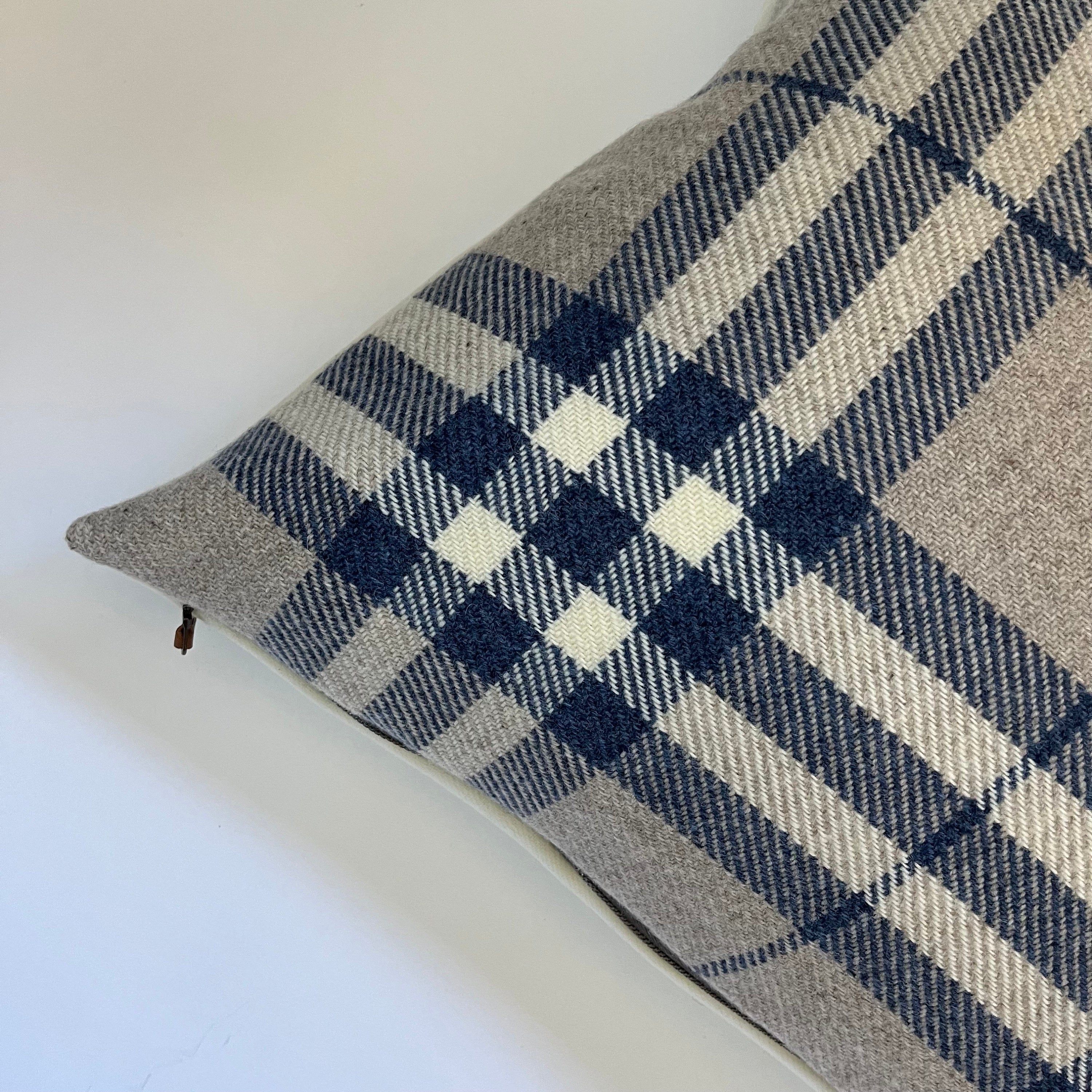 Blue and tan plaid wool pillow cover blue checked exposed zipper-leather pull 20” 22” 24” 14x24 handmade