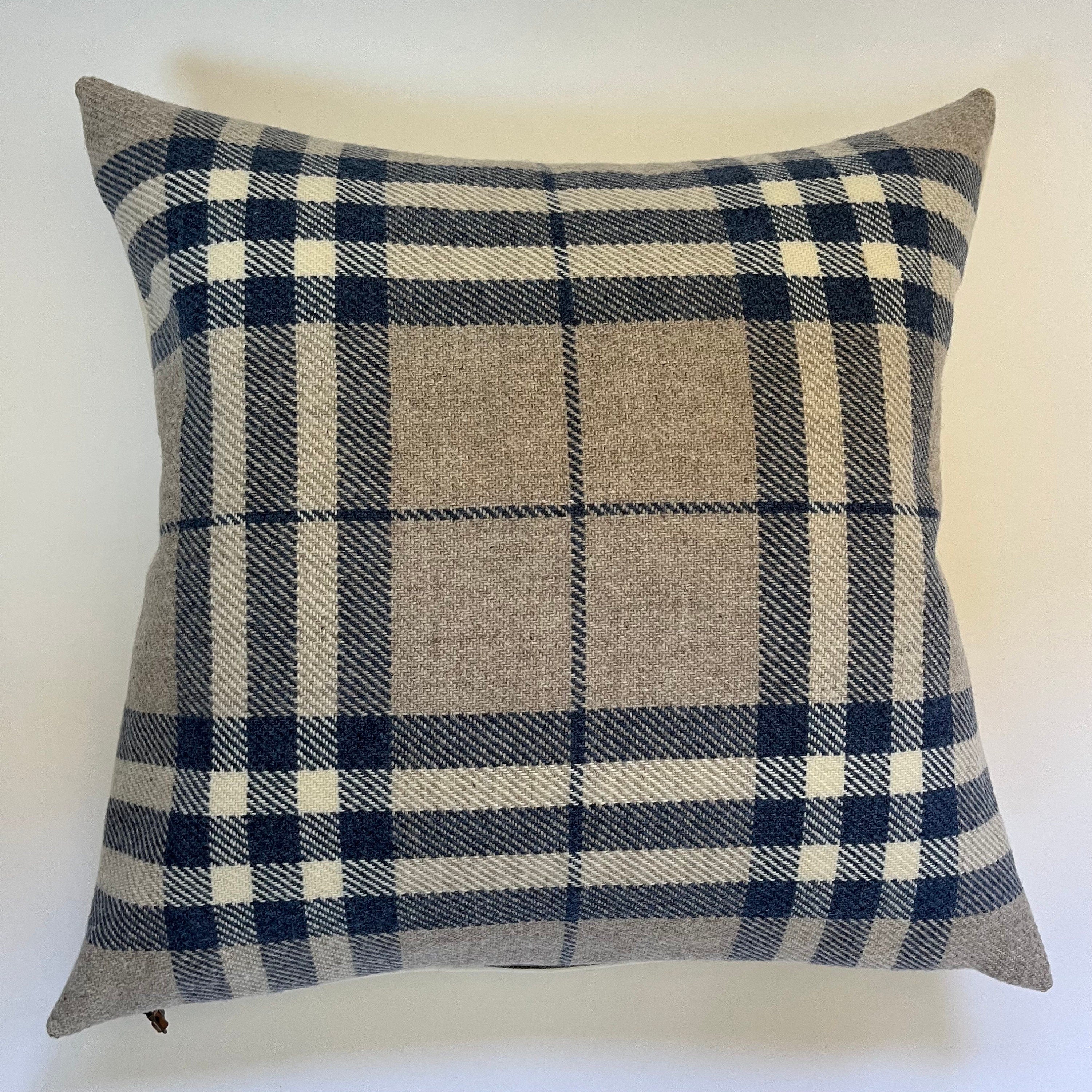 Blue and tan plaid wool pillow cover blue checked exposed zipper-leather pull 20” 22” 24” 14x24 handmade