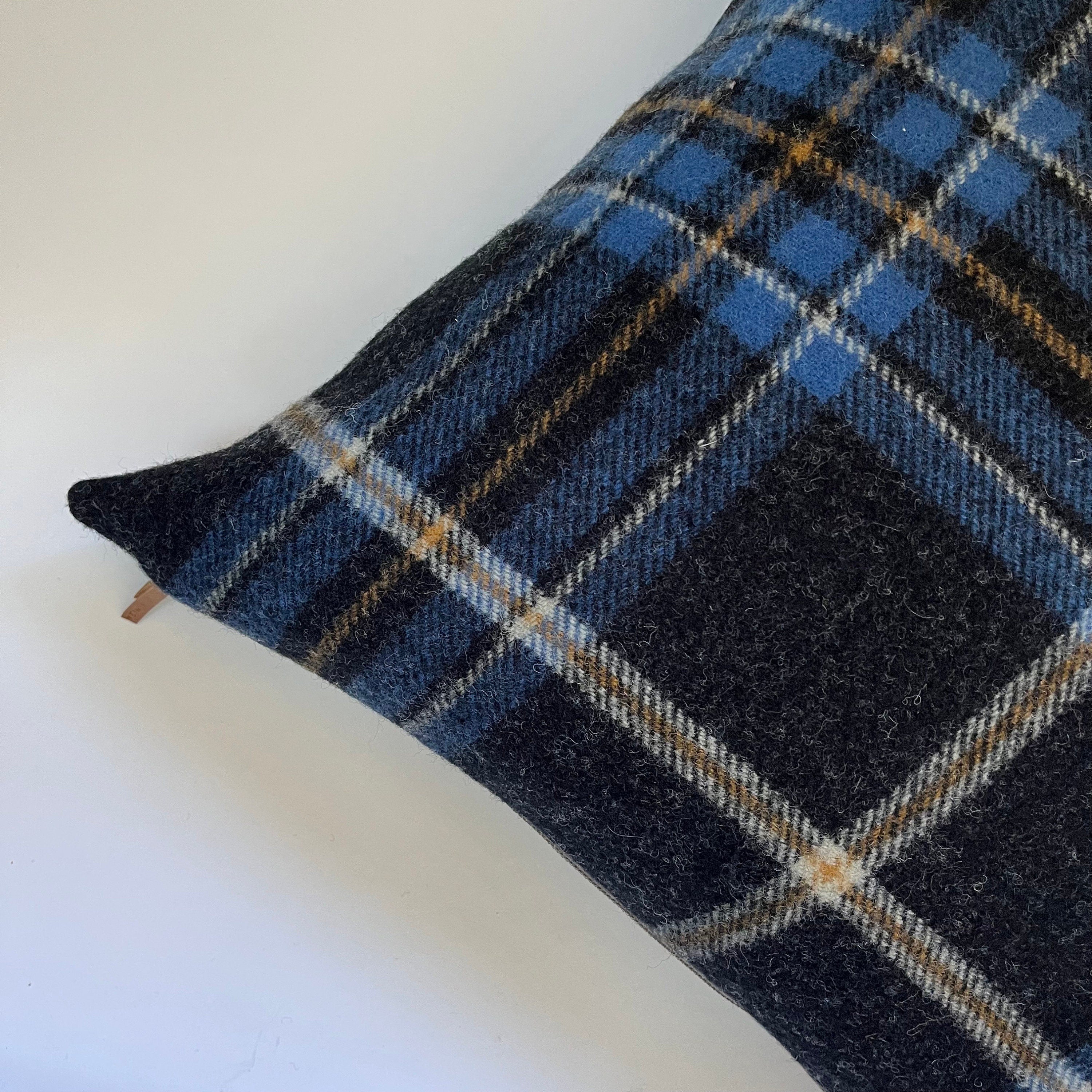 Black blue gold plaid wool pillow cover exposed zipper-leather pull 24"20"22" 14x24 handmade