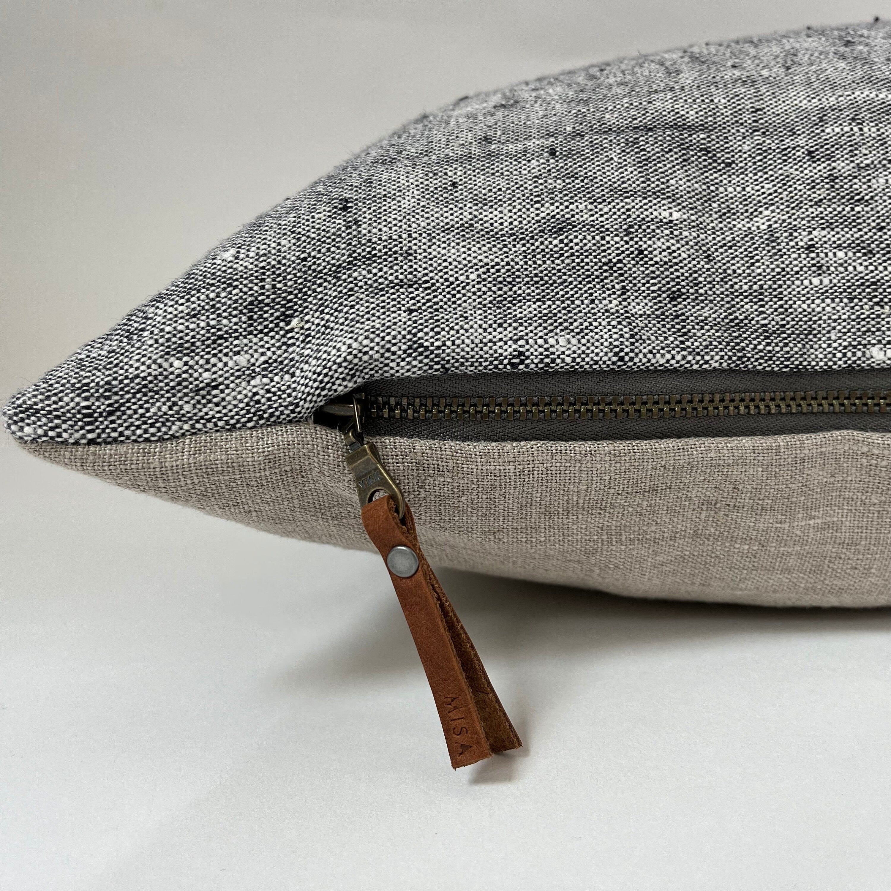 Black and white textured linen pillow cover exposed zipper-leather pull 14x24 20” 22” 24” 100% linen housewarming gift