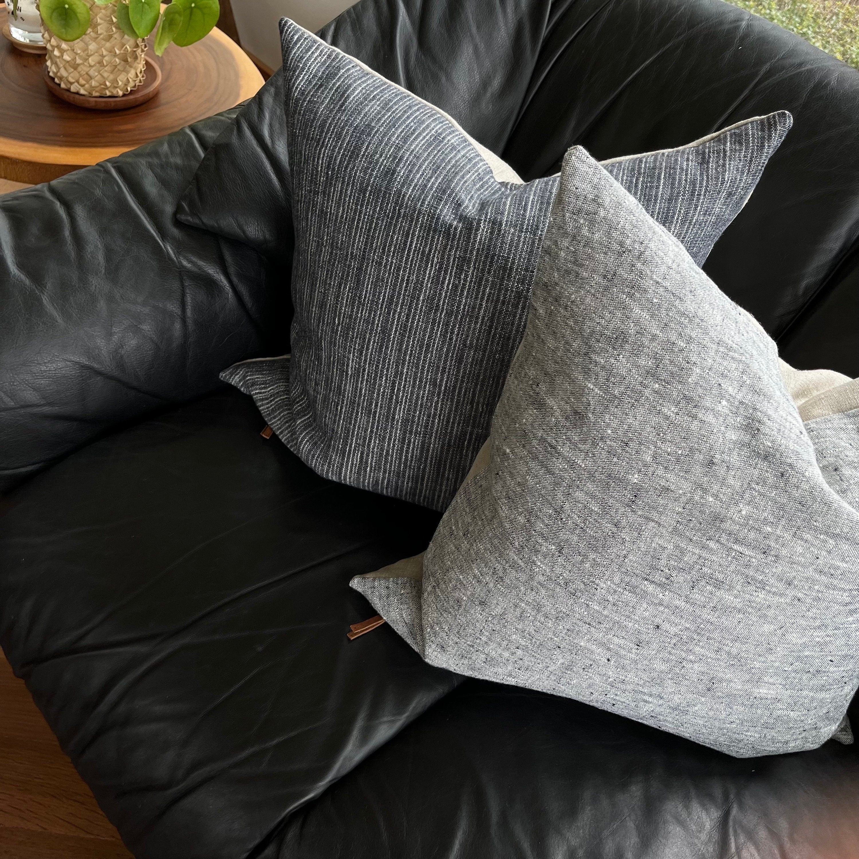 Black and white textured linen pillow cover exposed zipper-leather pull 14x24 20” 22” 24” 100% linen housewarming gift