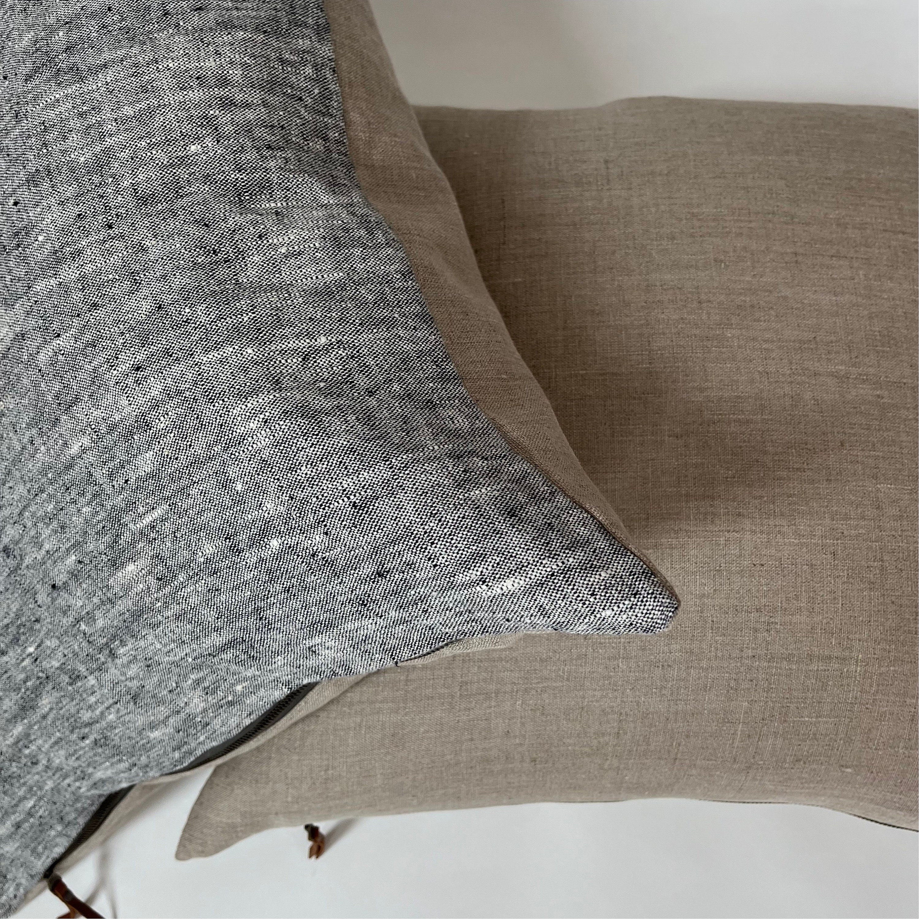 Black and white textured linen pillow cover exposed zipper-leather pull 14x24 20” 22” 24” 100% linen housewarming gift