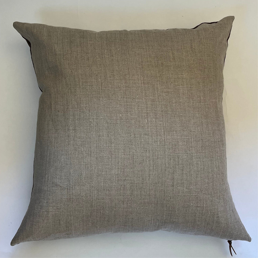 Handcrafted Brown Plaid Linen Pillow Cover: Exposed Zipper, Leather Pull