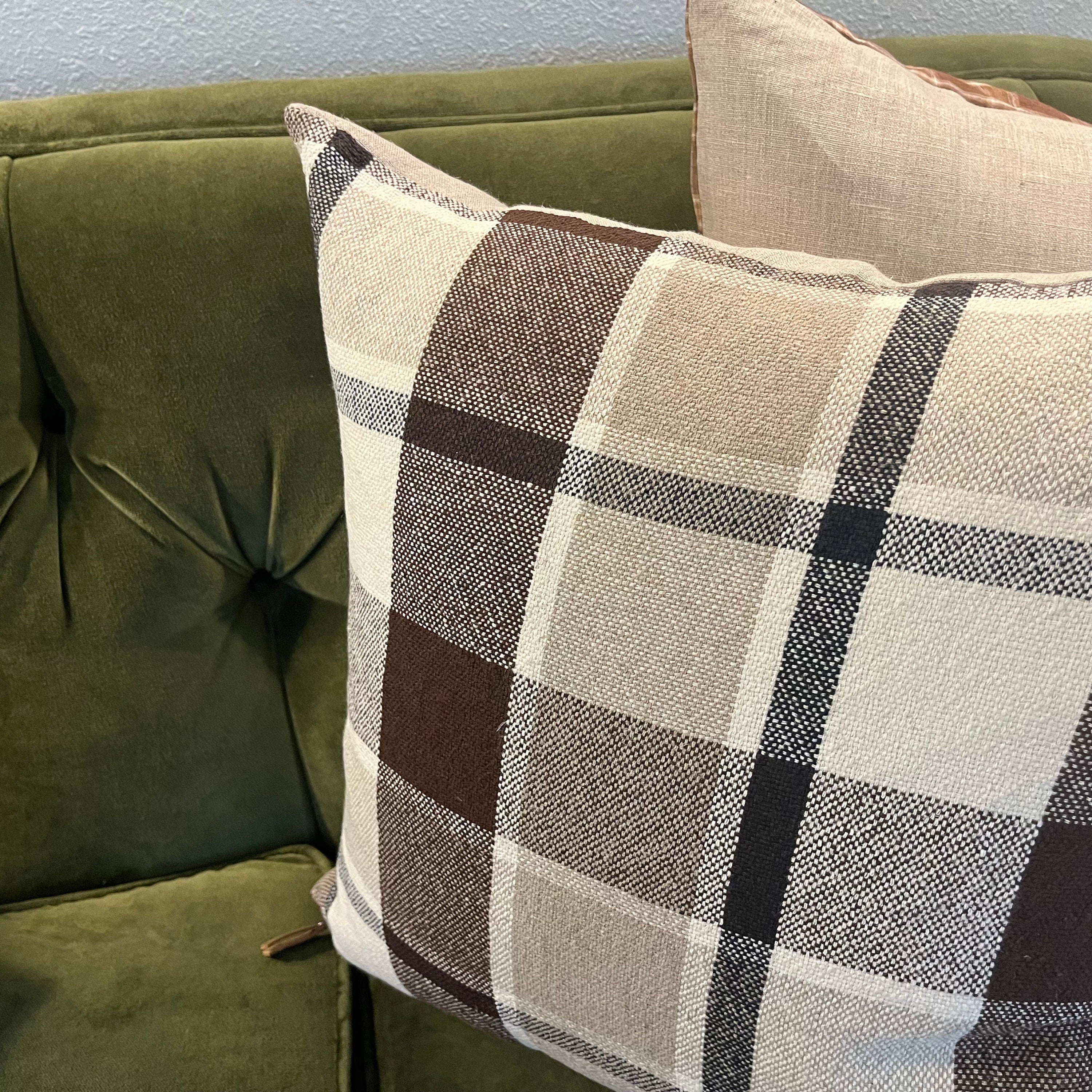Brown Plaid Linen Pillow Cover: Exposed Zipper, Leather Pull