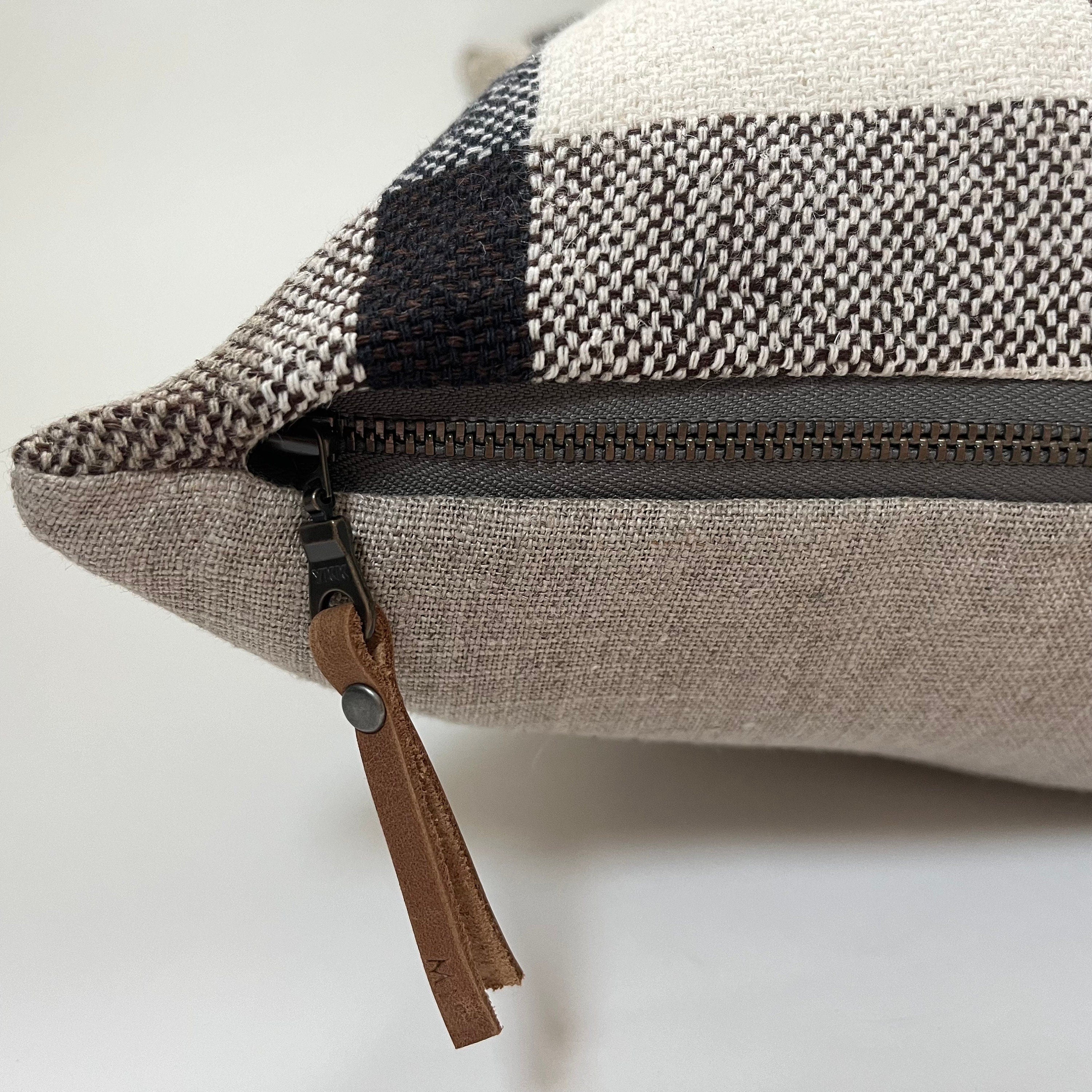 Brown Plaid Linen Pillow Cover: Exposed Zipper, Leather Pull
