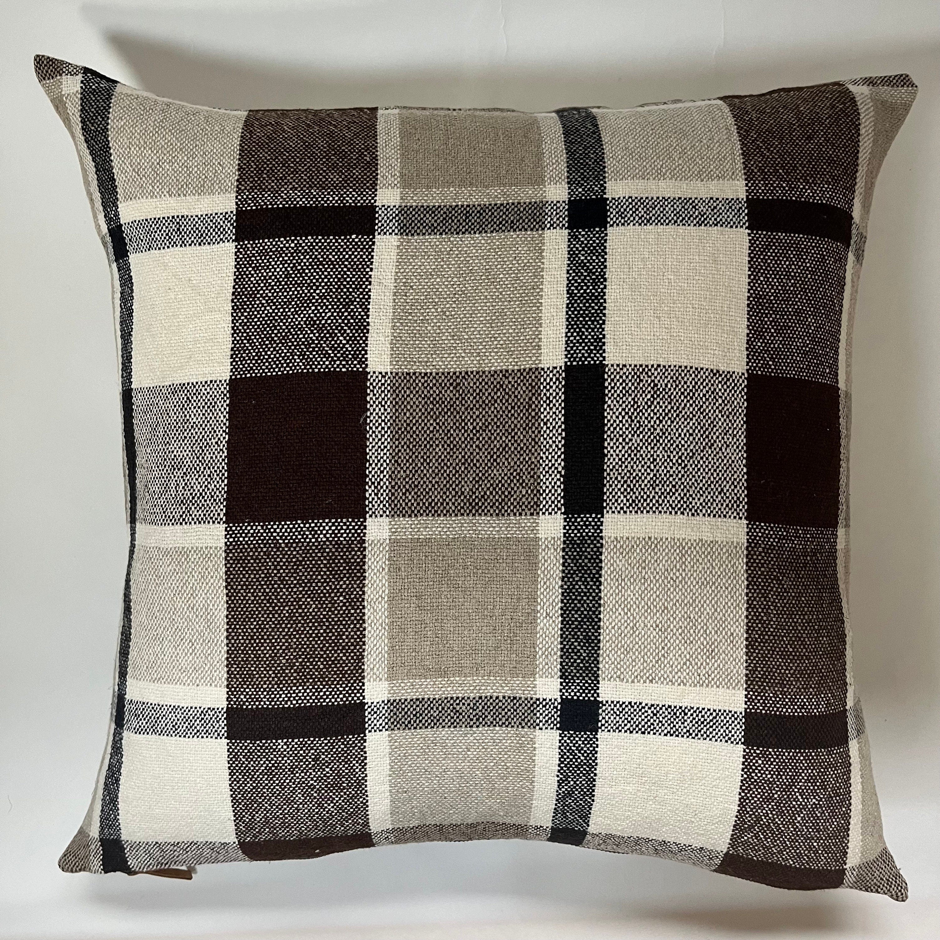 Brown Plaid Linen Pillow Cover: Exposed Zipper, Leather Pull