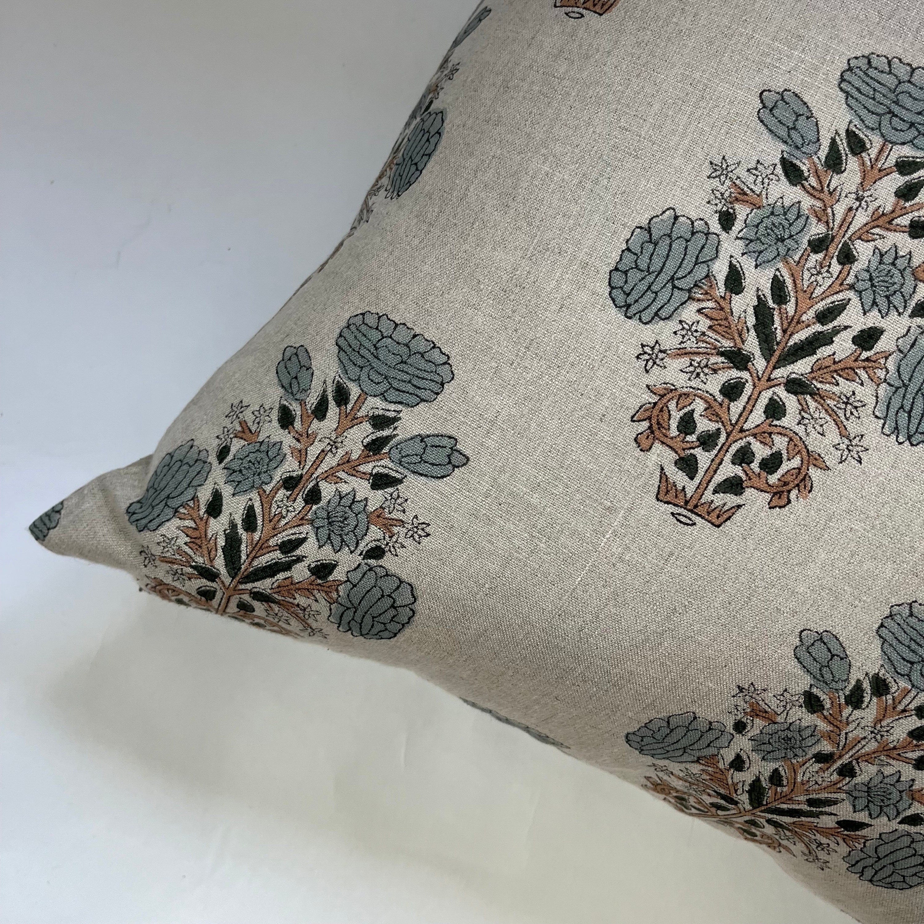 Blue Floral Linen Pillow Cover: Exposed Zipper, Leather Pull