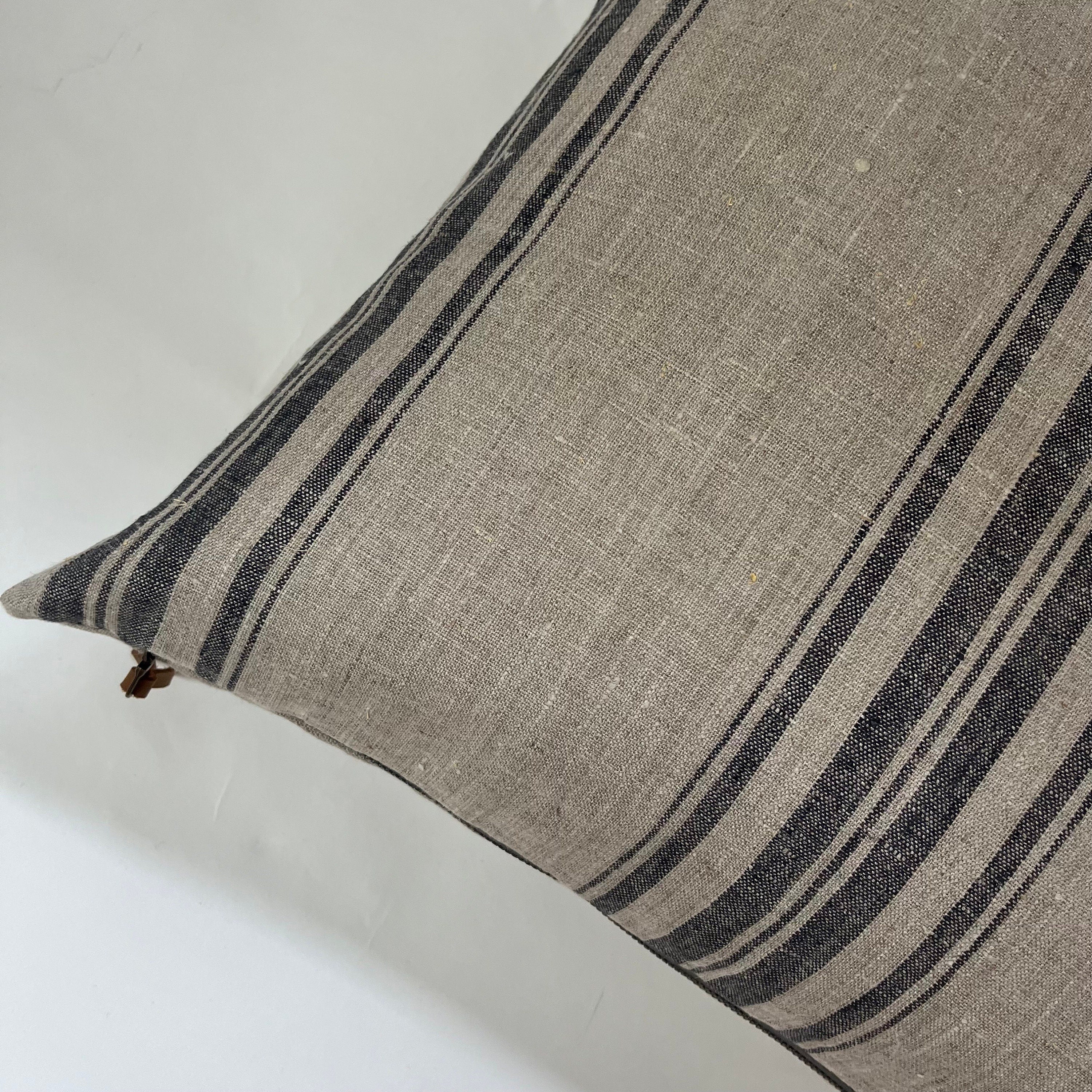 Striped Linen Pillow Cover: Charcoal Gray, Leather Pull - 18x18