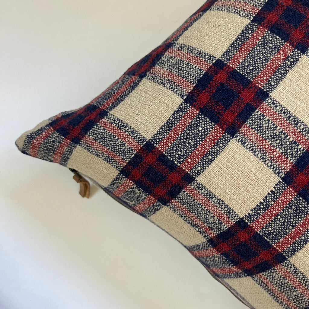 Plaid Linen Pillow Cover: Red, Blue, Cream Windowpane, Exposed Zipper
