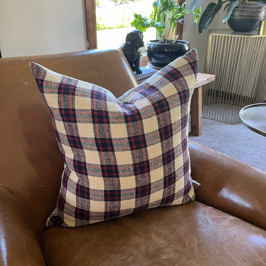 Plaid Linen Pillow Cover: Red, Blue, Cream Windowpane, Exposed Zipper