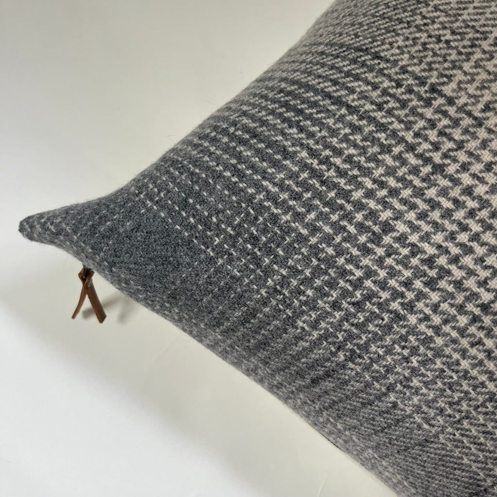 Gray Plaid Wool Pillow Cover Exposed Zipper with leather pull