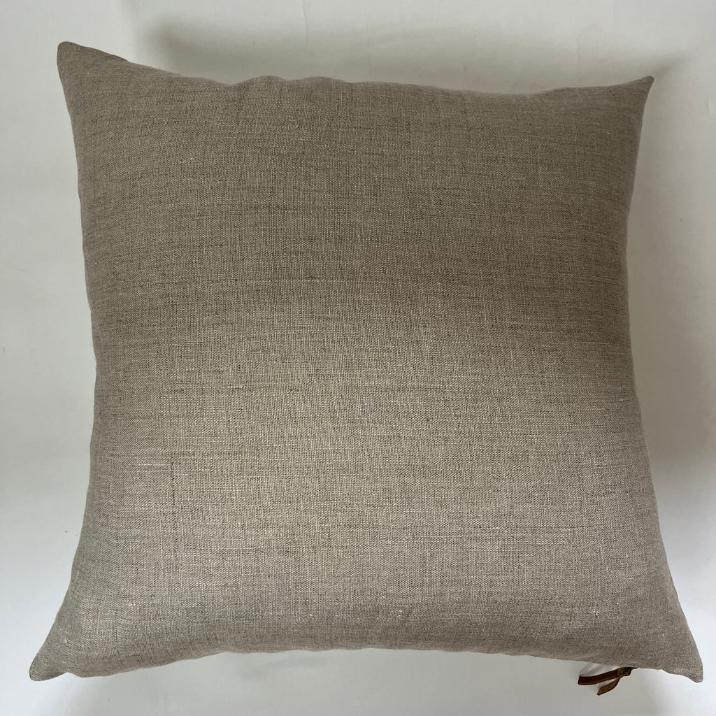 Navy Checked Linen Pillow Cover: Exposed Zipper, Leather Pull